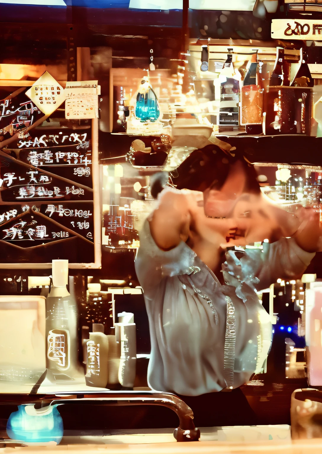 top-quality, A high resolution, (Photorealsitic:1.4), Raw photography, (upper waist:1.4), (bokeh feeling:1.7), (Window light only:1.6), (nightcity:1.5), (light:1.5)1 Japan Girl, (solo), (A smile:1.2, Opening Mouth:0.7), (dark brown eyes), Natural Skin, (brown updo hair, Bangs), is standing(Blue blouse and leather skirt), (Colossal tits), Curly hair, Floating hair, Natural Skin Texture, Hyper-Realism, nffsw, Hyper-detailing, Raw photography, Photorealsitic, Beautiful eyes, Pretty lips, Wet lips, top-quality, hight resolution, realisitic, in 8K, Caustics, Dinamic Light, Beautiful and delicate lips, Delicate fingers, Detailed pupils, Real Human Skin,