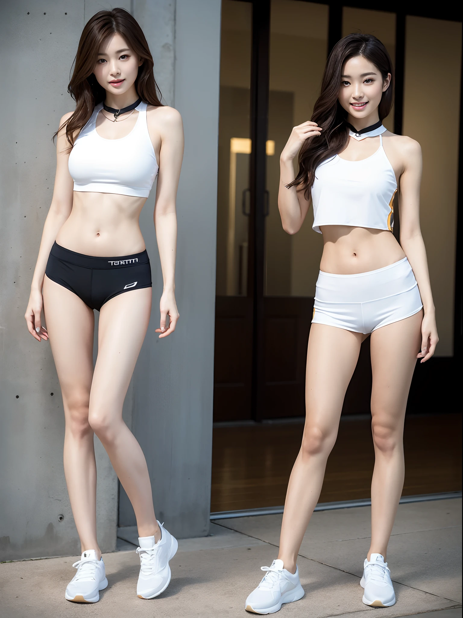 (Photorealsitic)Beautuful Women, (8K Beauty Full Body Portrait), Perfect facial detail, attractive beautiful face, 二重まぶた, Beautiful detailed eyes, long eyeslashes, (Smile: 1.15), ligh brown hair, Medium wavy hair, TOKYOcty, ,1 female, Toned waist, Beautiful thin legs, Sportswear