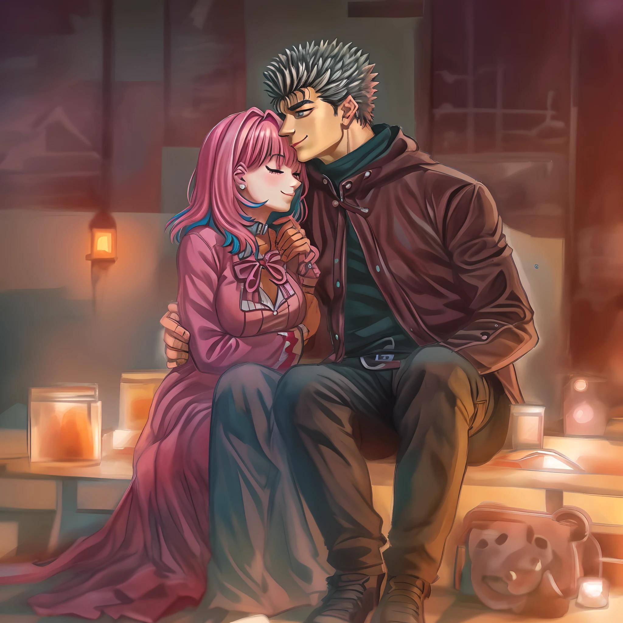 riamu,guts,couple,husband and wife,love dovey couple,sitting,hug,kiss,smile,masterpiece:1.2,ultra-detailed,realistic:1.37,portraits,vivid colors,warm tones,soft lighting
