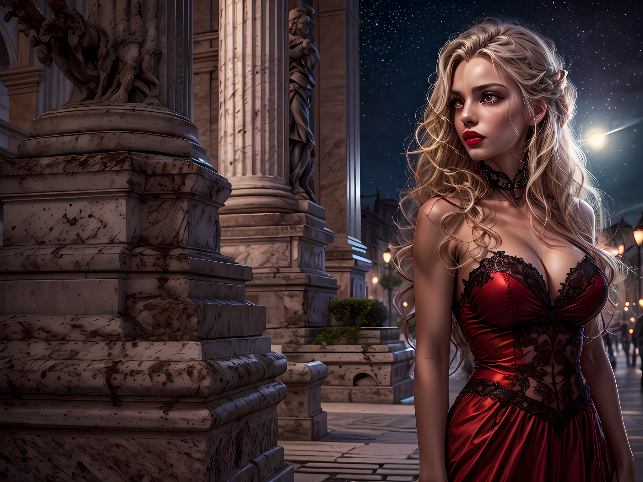fantasy art, RPG art, photograph, RAW, (Ultra detailed: 1.5), Best Detailed, picture of a female vampire standing in St. Peter in the Vatican, an exquisute beautiful female vampire, full body, (best detailed face: 1.2), (grey skin: 1.2), red lips, (vampiric fangs1:1) (blood veins visible: 1.3), ultra feminie, blond hair, long hair, rich, flowing hair,wavy hair, red glowing eyes, wearing short dress, silk dress, intricate detaled dress, high heels, standing in St. Peter square in Vatican city, at night, full moon, stars in the sky, St. Peter square background, best quality, (extremely detailed), ultra wide shot, photorealism, depth of field, hyper realistic, 2.5 rendering,