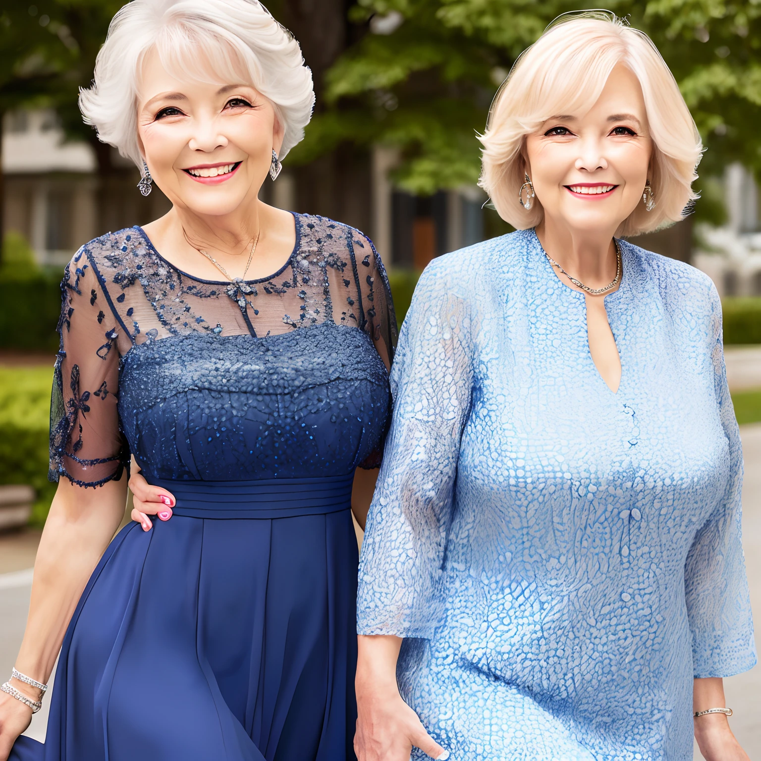 70-year-old woman, has dimples, smiles sweetly ,classy dress