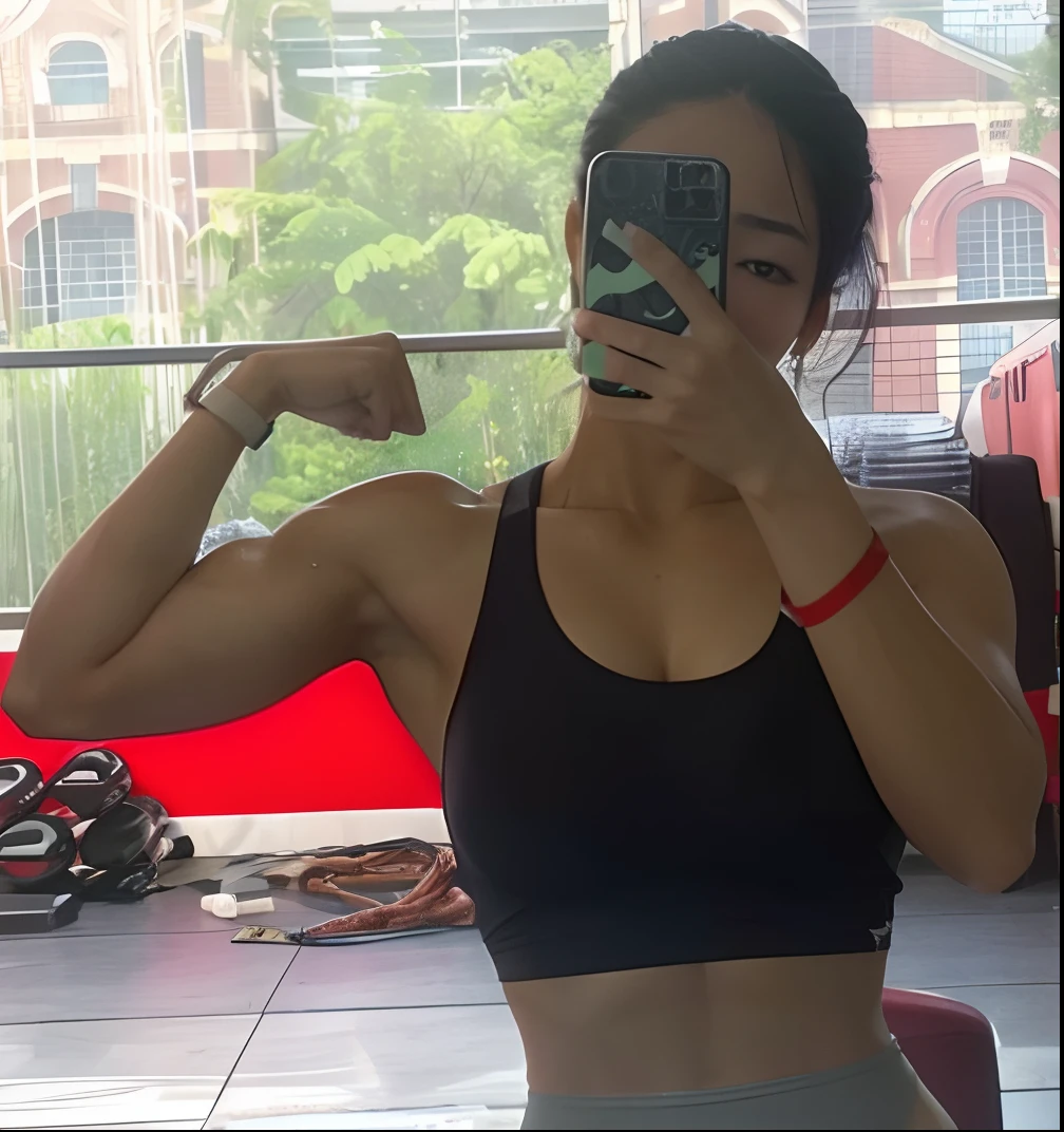 Asian girl in the gym,showing her muscles, taking mirror selfies, hourglass body, sweat skin