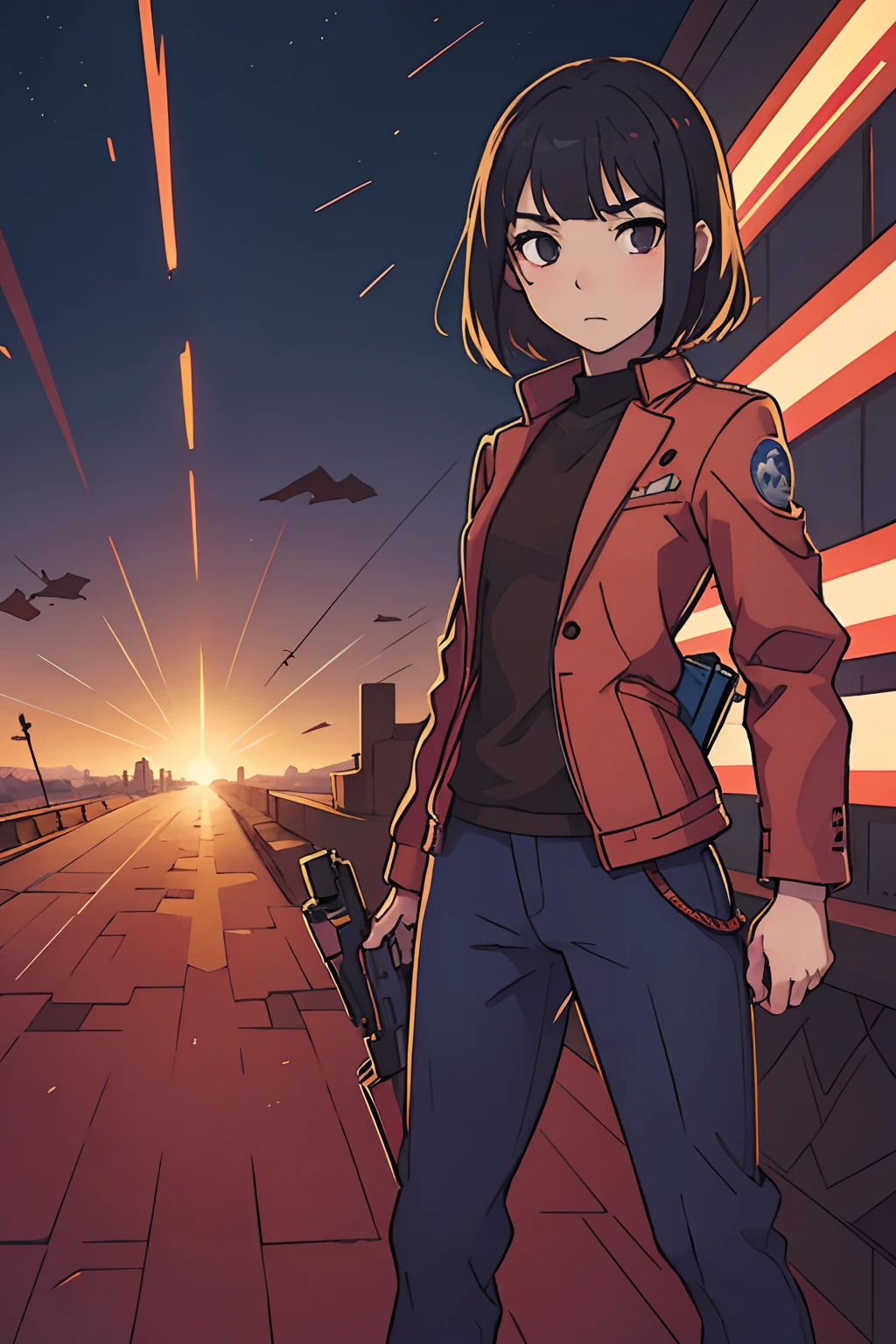 art by katsuya terada, art by range murata, art by akiman, art by JUNNY, Full body shot portrait of cute slender Young Japanese hit girl, Battle Scars, Realistic skin texture, Few moderate moles, wearing a suit, hold a gun, Red Circle nightclub in San Diego, Red and blue cinematic lighting, highly detailed, ray tracing, digital painting, concept art, smooth, sharp focus, illustration, 8k