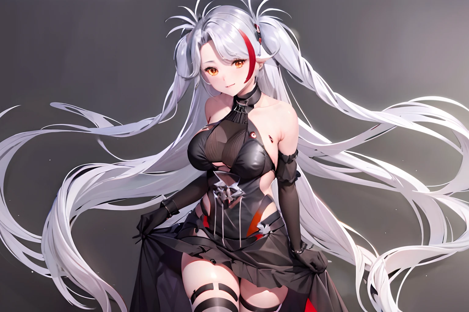 1girl, anime, Prinz Eugen (Azur Lane) sitting in a chair, cross legged, lower POV, prinzv4, eugendress, black_gloves, eugennight, bare_shoulders, masutepiece, Best Quality, PrinzV4, 1girl in, Solo, Long hair, breasts, Looking at Viewer, Large breasts, gloves, Navel, Holding, Yellow eyes, White hair, Red hair, multicolored hair, Open your clothes, official alternate costume, striated hair, put hands on the hip, Headgear, a flag, Red panties, Pending Flag,Poses that emphasize breasts、top-quality,Black swimsuit、Black string swimsuit