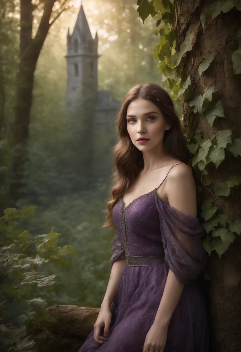 (best quality,4k,highres:1.2),ultra-detailed,(realistic:1.37)
a girl standing alone in a foggy forest with dense ancient trees,sunlight streaming through the leaves, creating a magical atmosphere,a hidden pathway covered in moss and fallen leaves, leading deeper into the unknown,mysterious whispers carried by the wind, adding an eerie touch to the surroundings,distant howls echoing through the woods, creating an aura of suspense,an abandoned stone tower looming in the distance, covered in ivy and secrets,dimly lit lanterns hanging from tree branches, casting an enchanting glow,a magical creature with glowing eyes peering from behind a tree, adding an element of fantasy,a worn-out journal lying on the forest floor, hinting at forgotten stories,(a sense of mystery and wonder,a sense of adventure and exploration),vivid colors with a slightly desaturated tone, giving a sense of age and mystery,subtle rays of light illuminating the girl's face, giving her an ethereal appearance,a somber sunset in the background, painting the sky in hues of purple and orange,adding an element of grandeur and a touch of melancholy,quietude and solitude pervading the atmosphere, a sense of being in a world of one's own,a moment frozen in time, capturing the beauty and enigma of the wilderness.