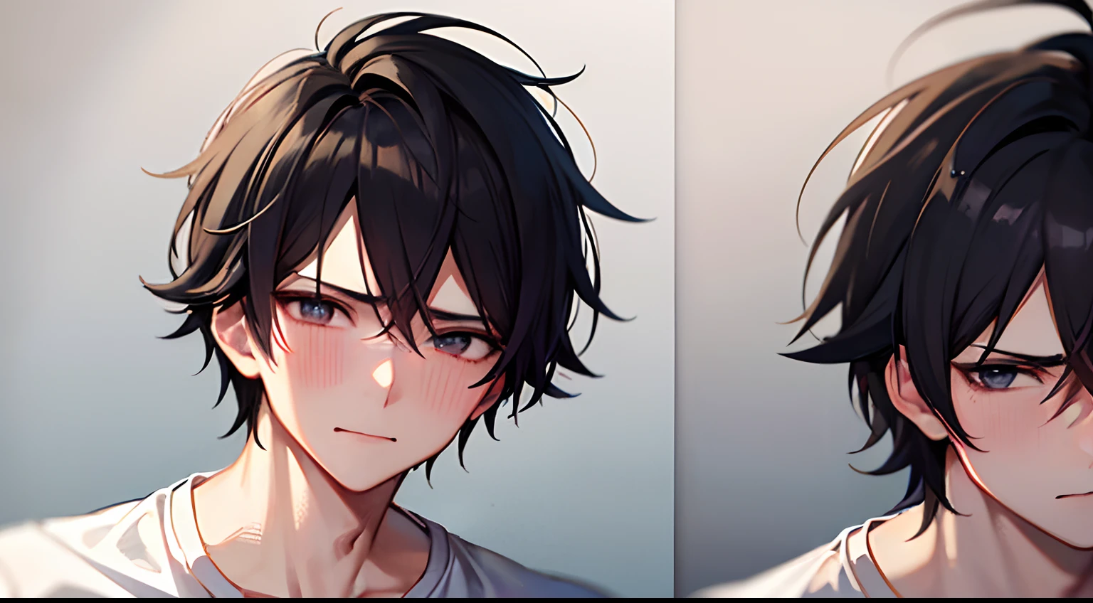 Octane rendering, Handsome anime, young anime man, Anime portrait of a handsome man (flustered (1.2)) Black haired man in white shirt,makoto shinkai art style, Tall anime guy with black eyes,Close-up,Close-up of emoji(panicking),frontage,face with beads of sweat