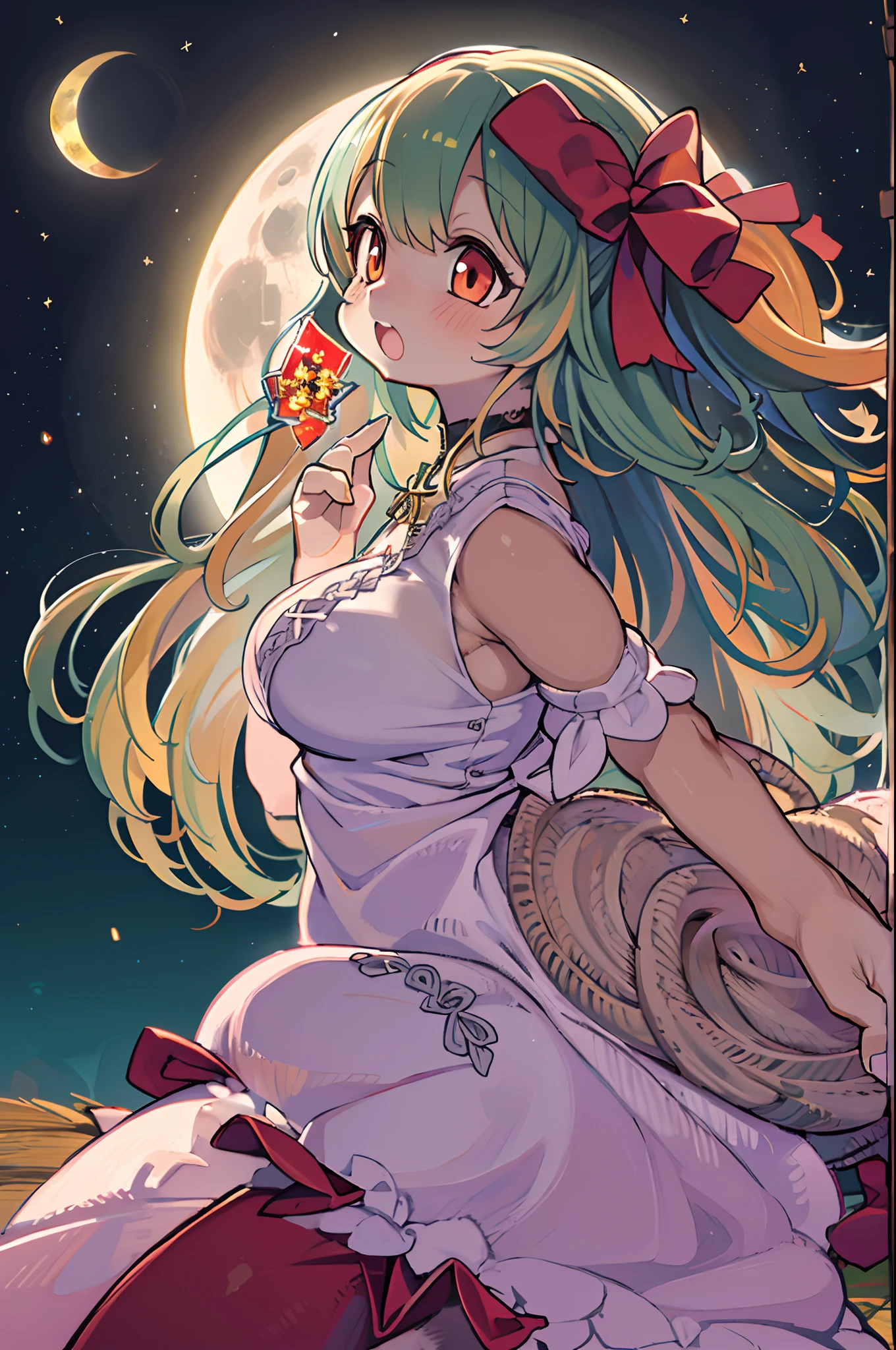 girl, looking at you, Face, High quality, Radiant, natta, red velvet,under big full moon、Looking up at the moon、fullmoon、Chibi