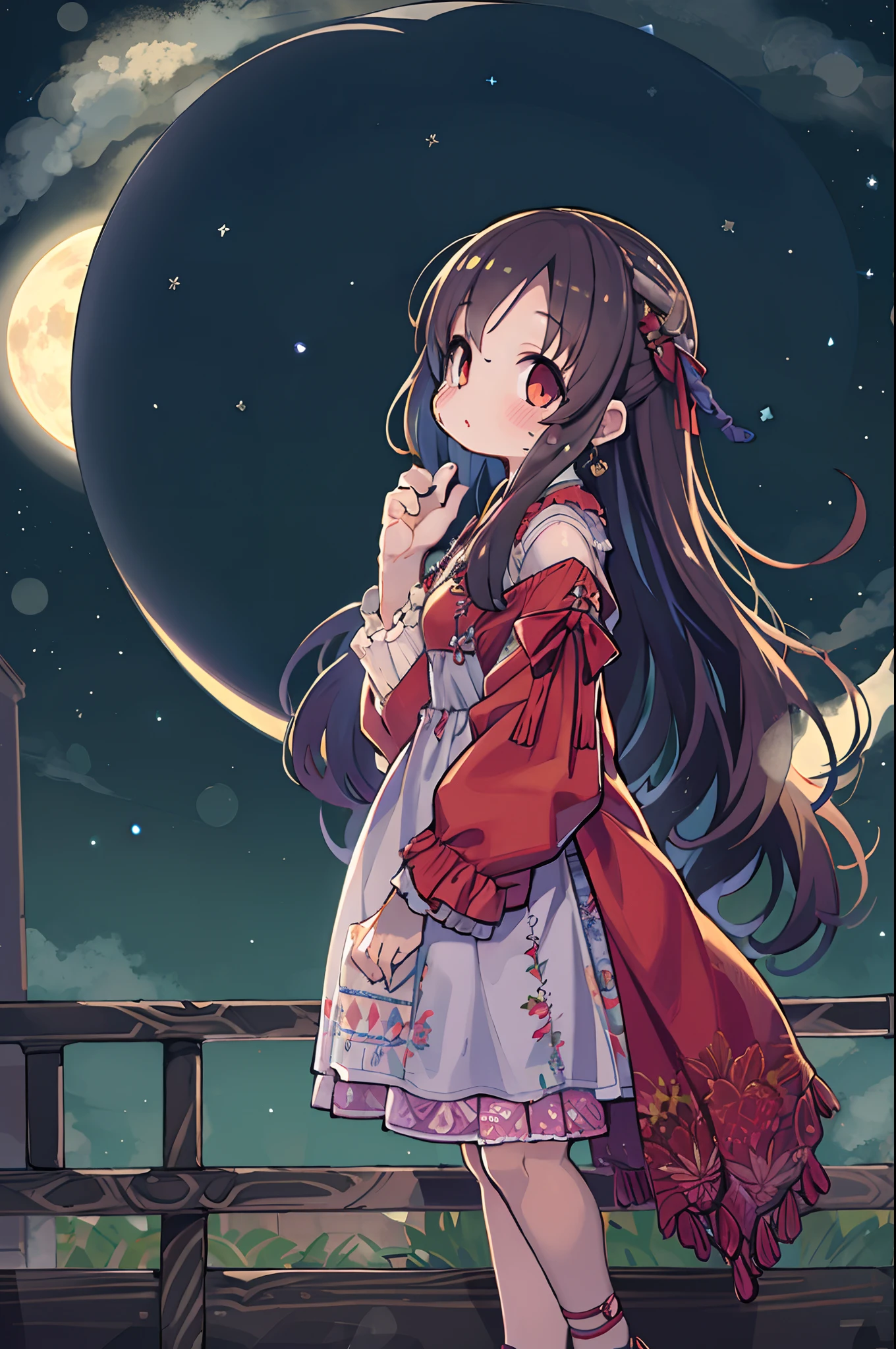 girl, looking at you, Face, High quality, Radiant, natta, red velvet,under big full moon、Looking up at the moon、fullmoon、Chibi