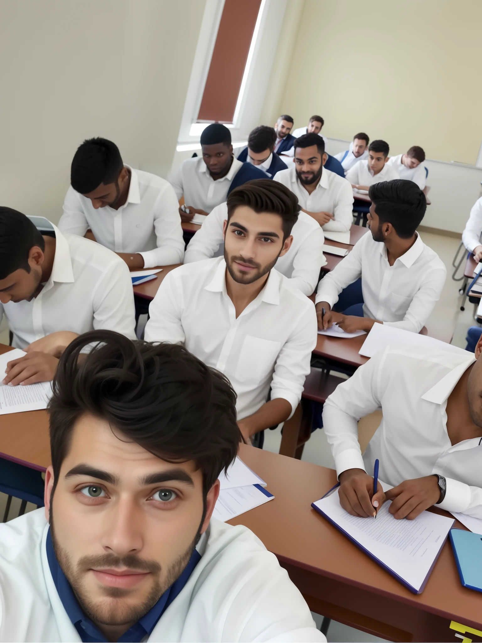 there are many men and women sitting at desks in a classroom, student, at college, in a classroom, college students, candid picture, standing in class, competition winning, very very high quality picture, taken with the best dlsr camera, serious focussed look, very clear picture, sitting in the classroom, trying to study, well focused, looking at camera!!!, thought provoking, ultra realistic face, hyperrealistic, hyperdetailed, masterpiece, photorealistic, beautiful face, pretty face mesh, ultra detailed face, detailed eyes, detailed lips, high quality picture, ultra detailed background, handsome man, cute women sitting position, college uniform, white shirt,