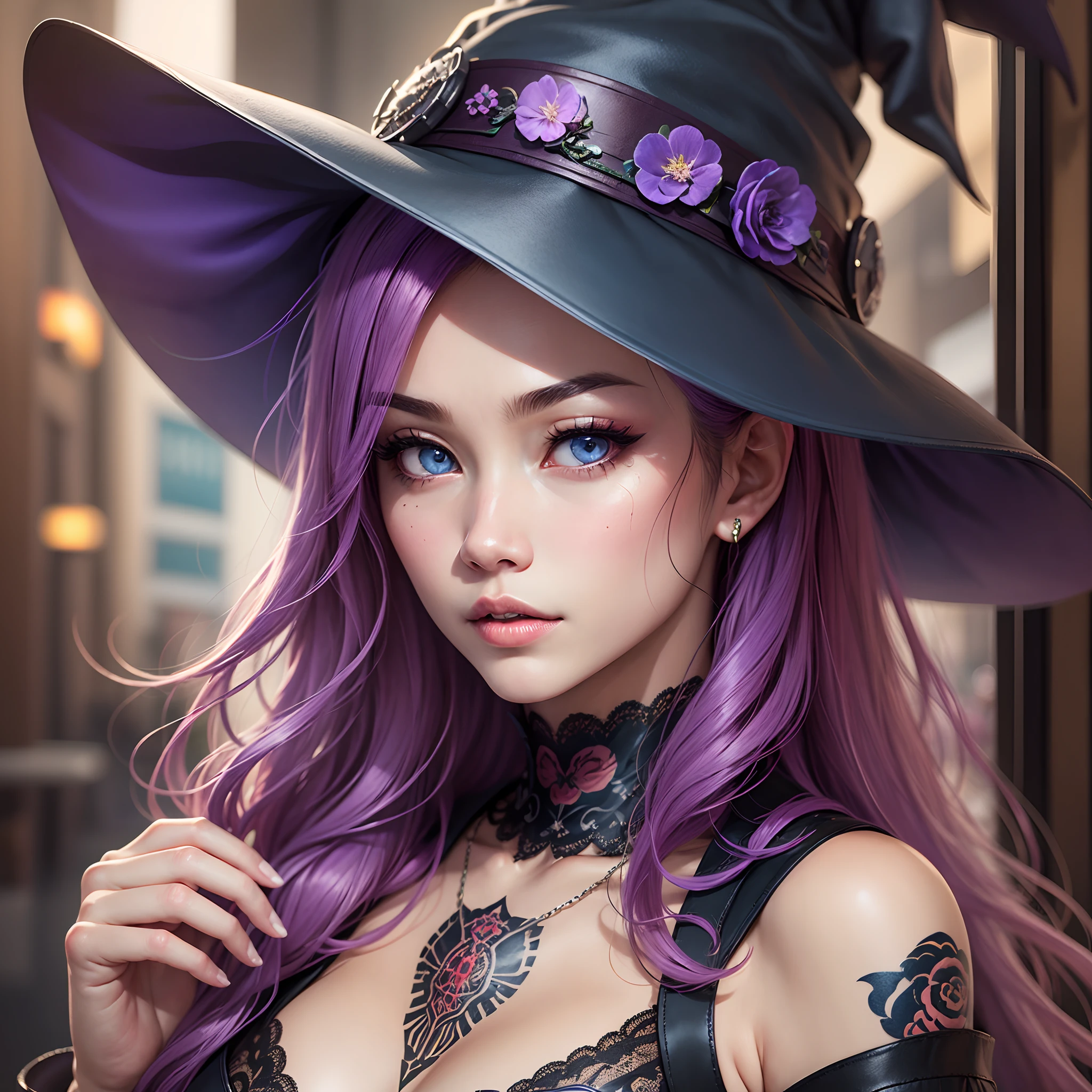a witch girl (purple witch hat), dark and light skin, long red hair, blue eyes, perfect face, harajuku background, better lighting, better quality, realistic, cinematic photo, of a witch gangster from the Japanese cartel with tattoos Japanese yakuza, sexy witch --auto --s2