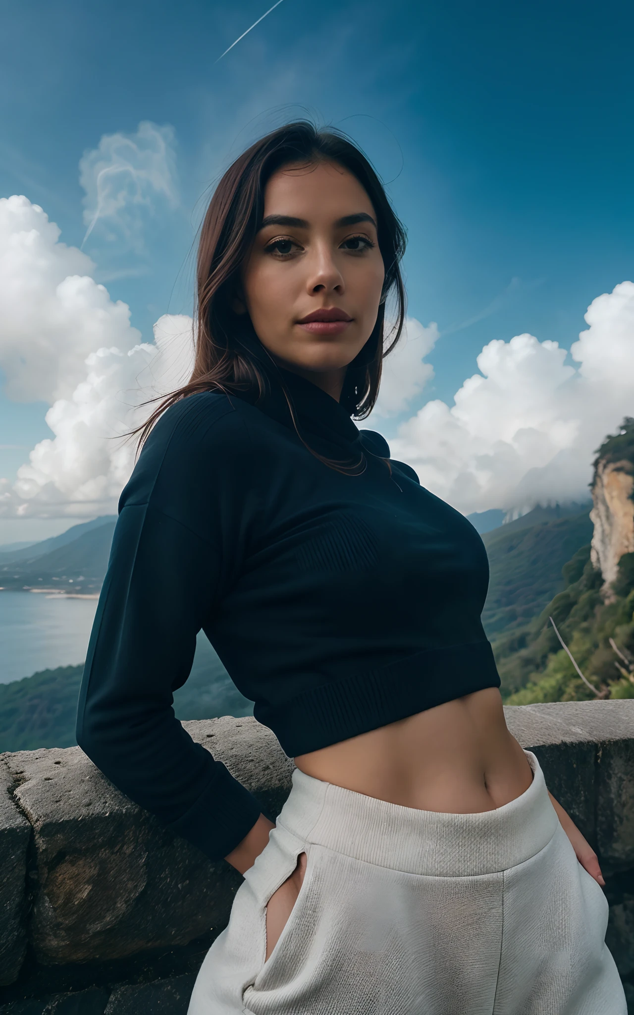 fotorrealista, best quality, hiper detalhado, Beautiful woman, foto selfie, parte superior do corpo, sozinho, wearing pullover, ao ar livre, (Noite), Montanhas, natureza da vida real, Estrelas, lua, (alegre, Feliz), Saco de Dormir, Luvas, sweater, gorro, Lanterna, Floresta, Rochas, Rio, Madeira, smoke billowing, mistborn, clear sky, analogue style, Olhando para o Viewer, textura da pele, filmic grain, fechar para cima, ultra high-resolution, Melhor sombra, .RAW, LUT do instagram