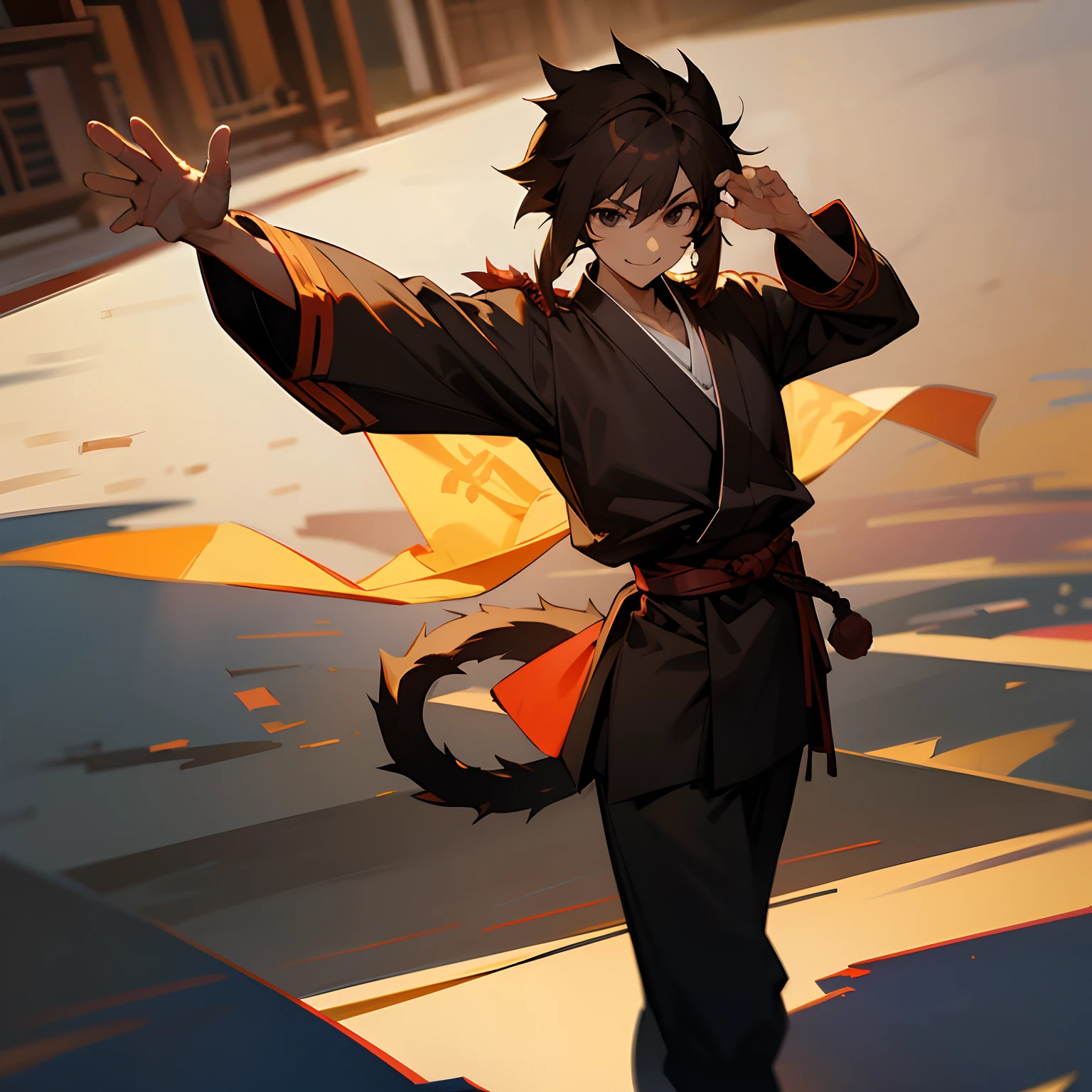 Blackish brown hair , monkey tail , spiky hair , medium length hair , black eyes , black long sleeve martial arts gi, temple background , best light and shadows , 4k Quality , 1male , standing and waving , smiling