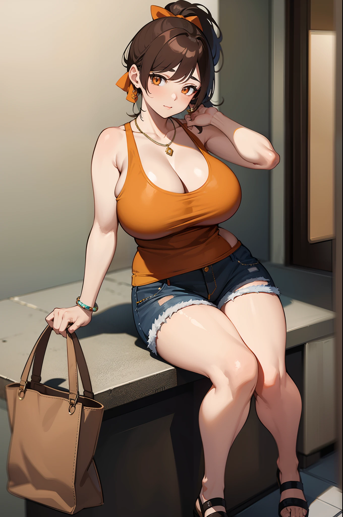 masterpiece, best quality, 4k, brown hair, huge breasts, handbag, ponytail, tank top, necklaces, jewlery, short shorts, wide hips, gyaru, hair ribbon, orange eyes,
