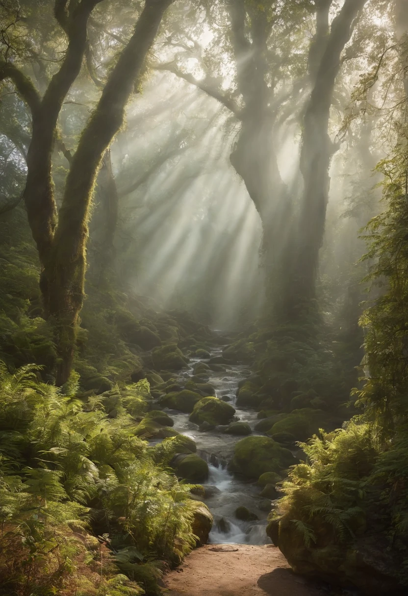 a hunter standing alone in a dense forest,wreathed in mist,a delicate spiderweb glistening with dew,hinting at unseen magic,curling tendrils of ivy clinging to ancient trees,tell-tale signs of nature's touch,an ethereal glow filtering through the canopy,casting mystical shadows,a distant echo of birdsong whispering secrets of the land,as time stands still in this enchanted haven,an air of mystery shrouding every step,majestic trees towering above,imbued with centuries of knowledge,a solitary beam of sunlight piercing through the darkness,a bridge to another realm,where legends come alive,artistic rendition depicting the chimerical essence of the wilderness,harmonious blend of fantasy and reality,inviting the viewer to unravel the secrets within,an exploration of the unknown,a journey into the heart of imagination,where the boundaries of possibility are blurred,conjuring the allure of the mysterious legends that define this extraordinary place.