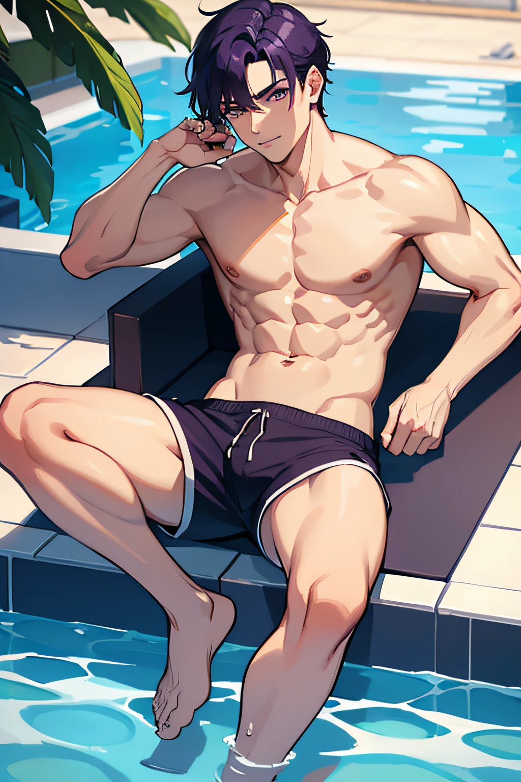 1man, boy, man, boy, man, handsome, sexy, dark purple hair, purple eyes, topless, muscled, wearing shorts, swimming in a pool