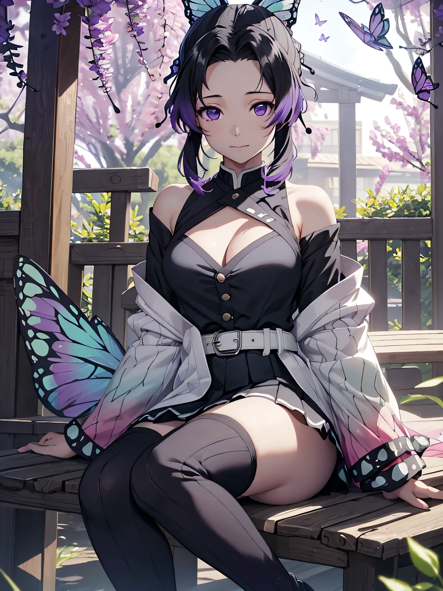 Ultra-realistic 8K CG，tmasterpiece，（（Ultra detailed backgrounds，delicate patterns，Complicated details）），Best quality at best，very vey very detailed face，very detailed eyes and faces，Very detailed eyes，Kochou Shinobu，O cabelo multicolorido，No bangs，hair intakes，Purple eye，Forehead，Black shirt，Black pleated skirt，haori，butterflys，obi strip，（trpical garden：1.2），purple flower，mostly cloudy sky，rays of sunshine，Tyndall effect，Gradient_sky，the face，beautiful sky，Saber on the waist，captivating posture，（Large breasts:1.3)，（cleavage:1.3)，（Off-the-shoulder attire:1.5), black leather thigh high socks