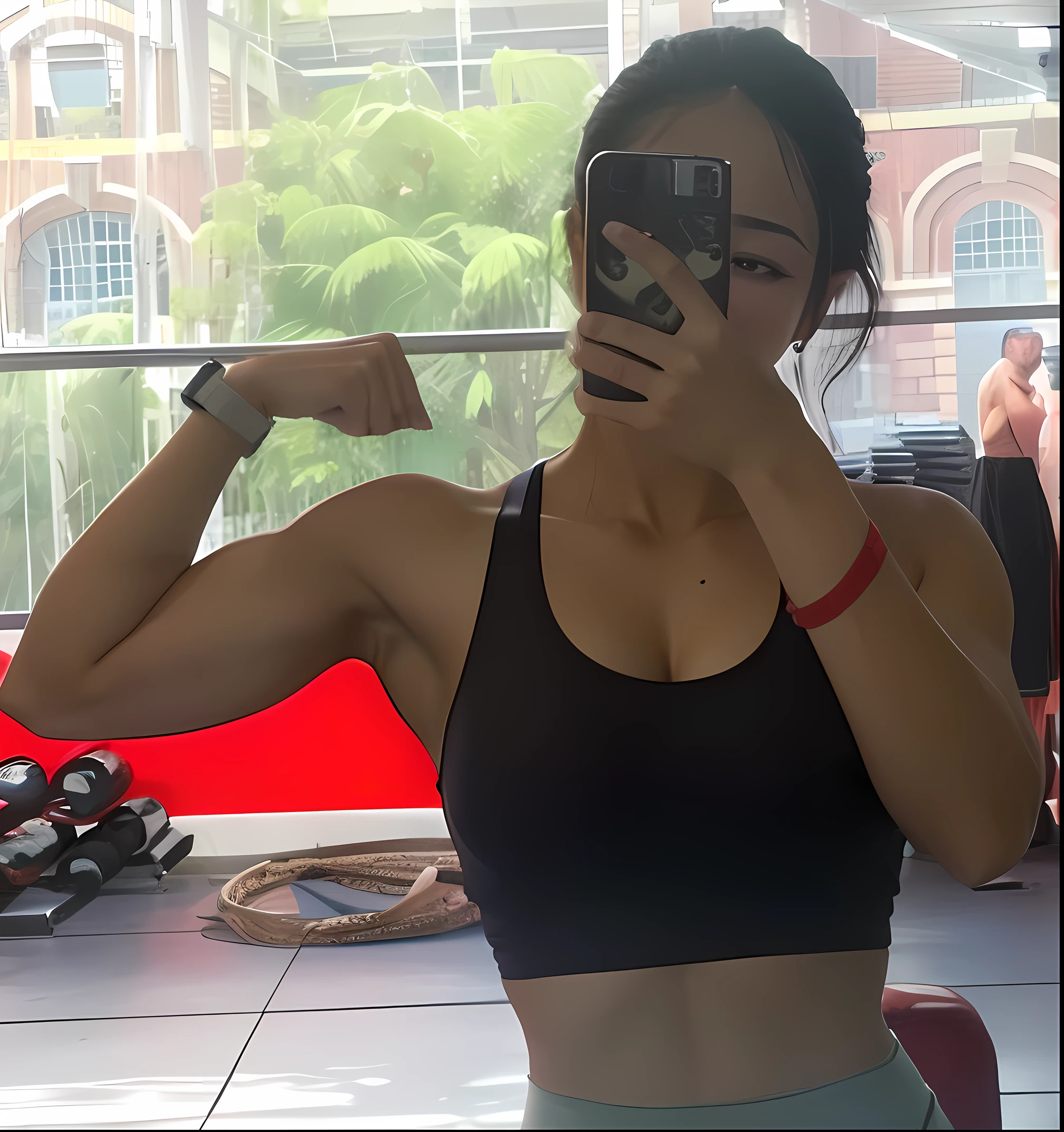 Asian girl in the gym,showing her muscles, taking mirror selfies, hourglass body, sweat skin