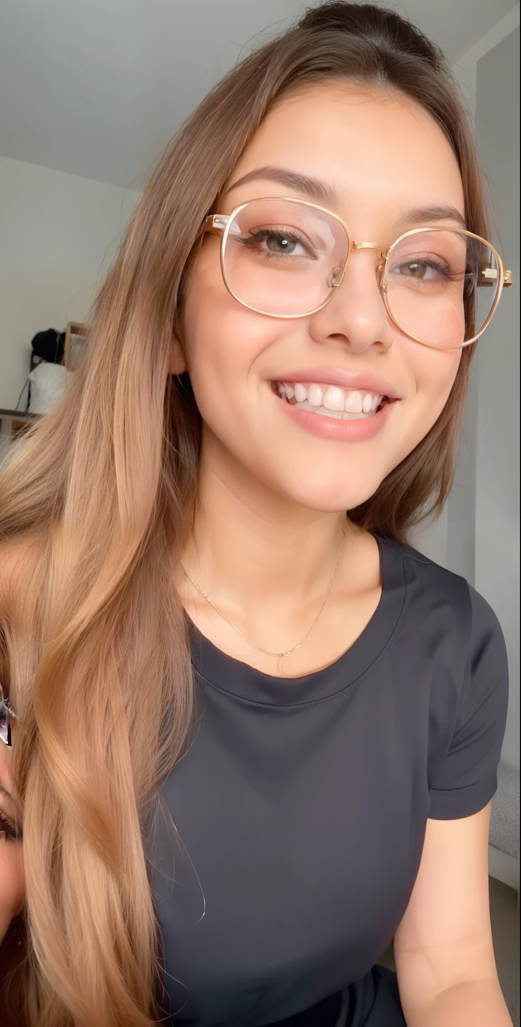 A closeup of a bespectacled woman smiling for the camera, Pokimane, ela tem dentes brancos perfeitos, thick glasses, girl with glasses, tiktok video, low quality video, With eye Glasses, boca aberta, ****** jovem e bonito, wearing glasses, she is smiling and excited, copos grandes, vidros, glasses, bonito ligeiramente nerd sorriso