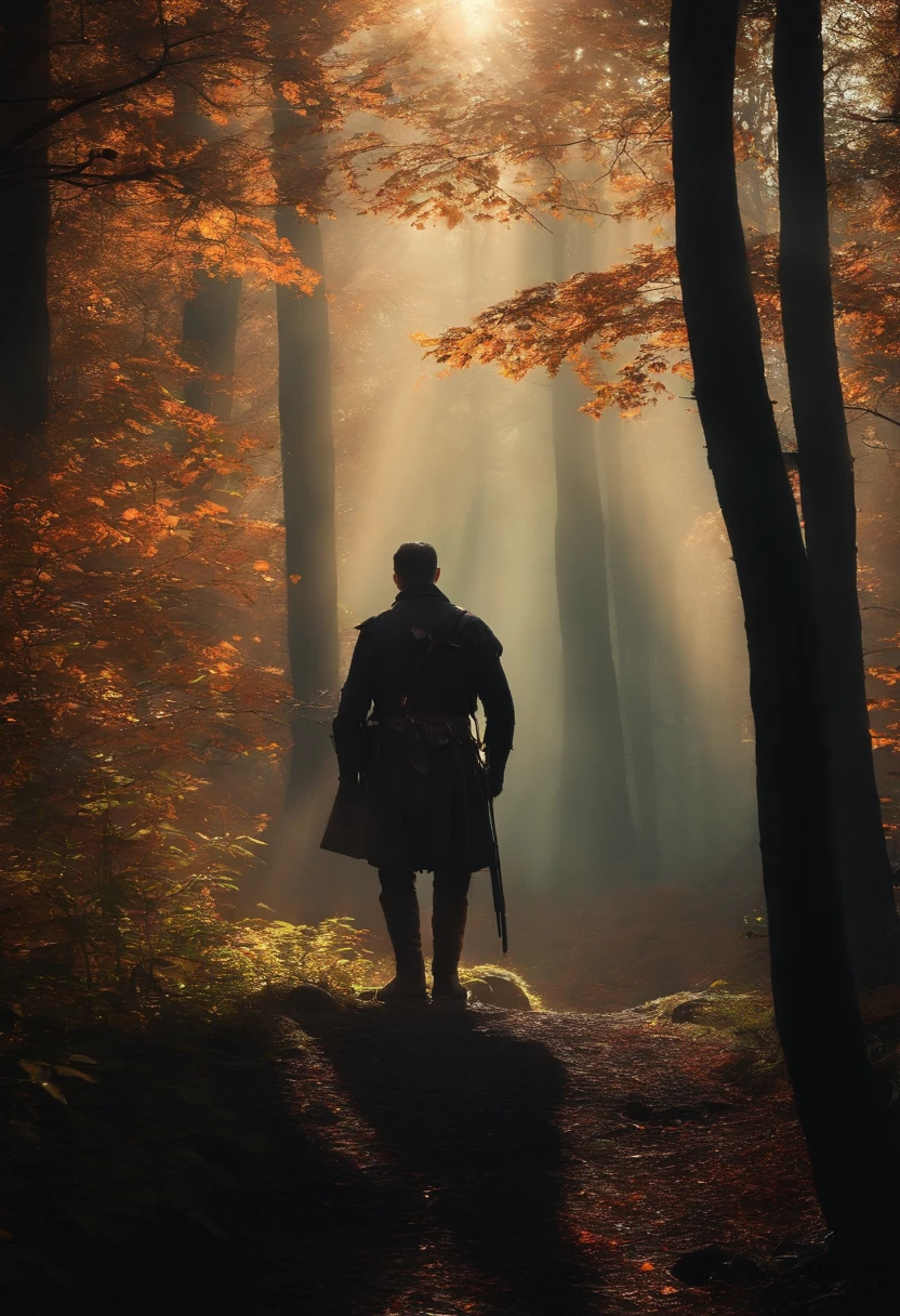 a hunter standing alone in a dense forest. casting mystical shadows,a distant echo of birdsong whispering secrets of the land