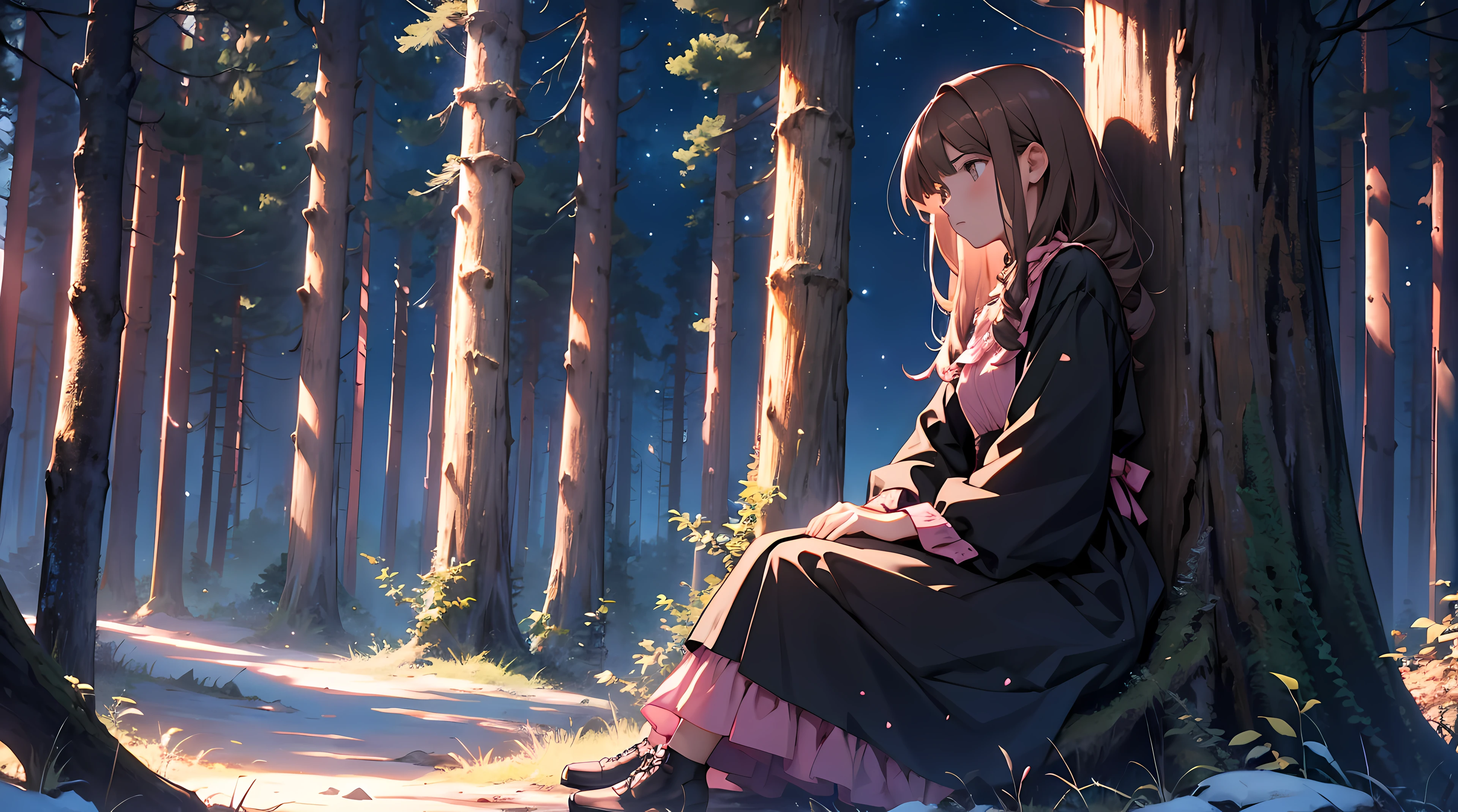 1 girl in a forest , wearing a black and pink dress , light brown hair, night time , sitting ona cutted tree and looking at stars