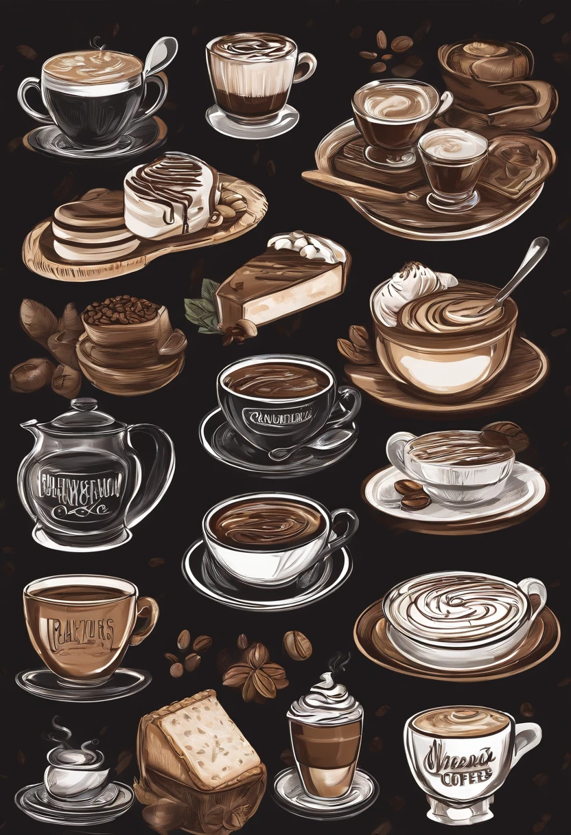 Close-up of chalkboard with different types of coffee, Beautiful branded labels, cafes, bakery, Sticker Design Vector Graphics, Café in the diner, Cakes, cafes, Cute bakery, Vector design, With labels. hiquality, Beautiful labels, Sticker design vector, a pastry, Sticker design, delicious, cake, logo vector art, Poké Bowl Illustrator Vector Graphics