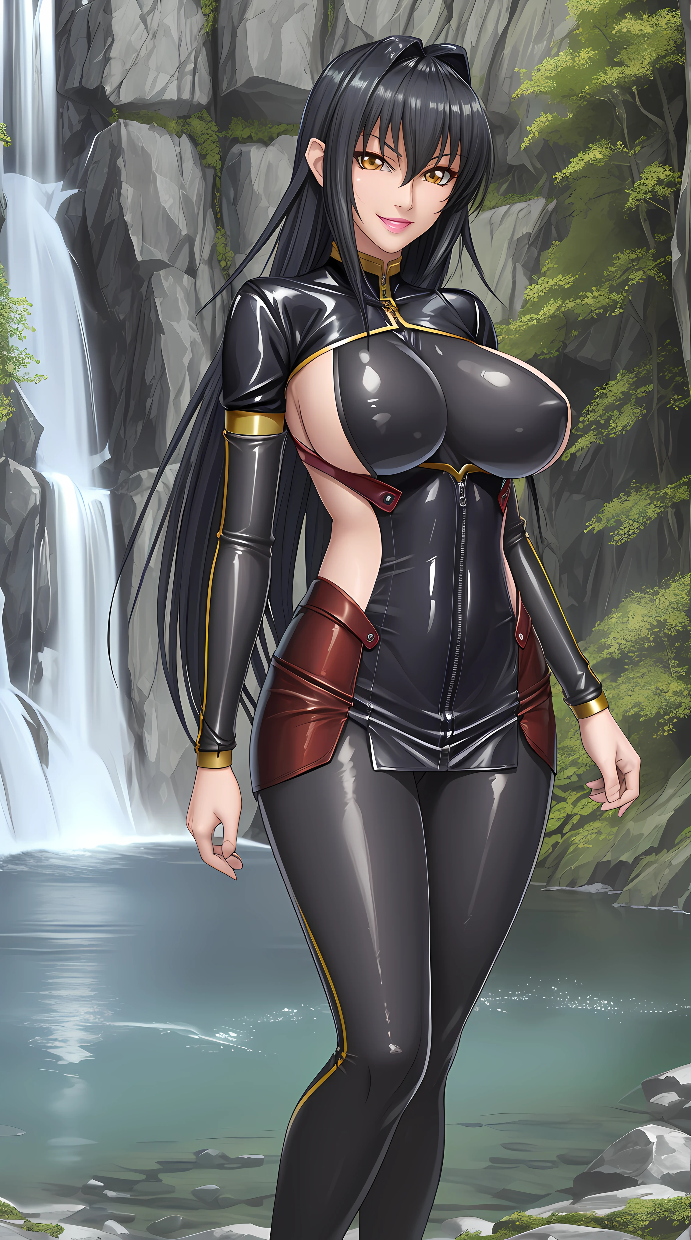 Annerose, 1girl, female mature, black hair, long hair, yellow eyes, large breasts, skin tight, hair intakes, (exquisite character details, beautiful lips, beautiful yellow eyes, beautiful face, beautiful and properly clothed), extremely detail unity 8k wallpaper, (solo:1.5), extremely detail waterfall surrounding, in the middle of lake and surrounded by waterfall, (bodysuit, fully suited, closed clothes),