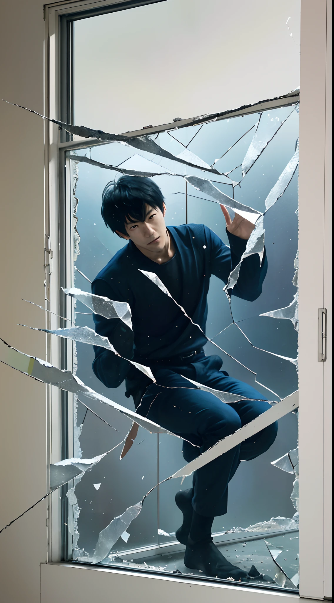 arafed man in a window with broken glass and a broken window, full body 1 / 6 nihei tsutomu, fukaya yuichiro, inspired by Shinji Aramaki, japanese live-action movie, yuya nagai, key art, makoto shinkai. octane render, kojima, promo art, broken mirrors composition