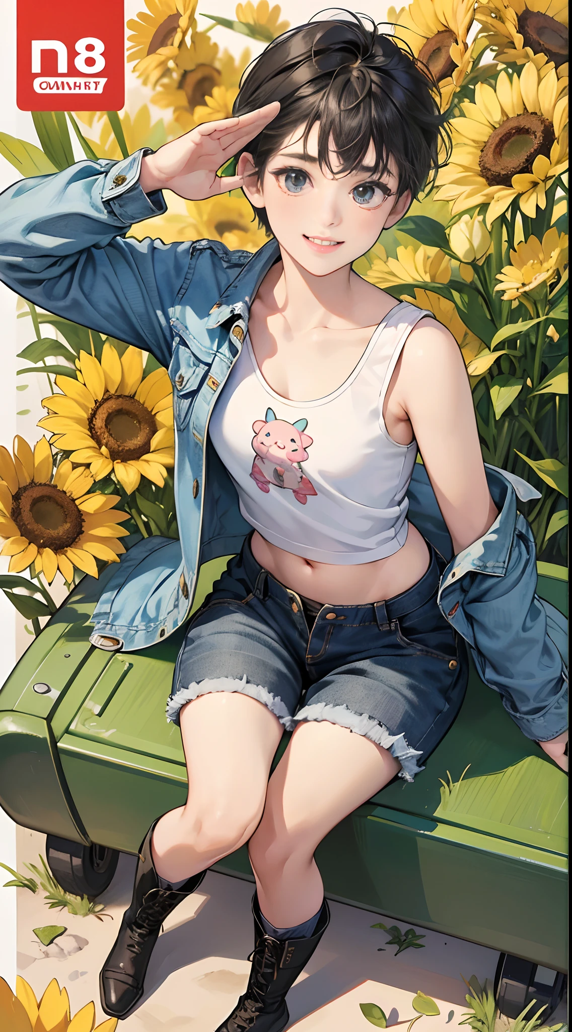 (Best Quality,4K,High resolution), Delicately expressed illustrations with realistic details,Boyish 18 year old girl,selfee,Looking at the camera、Point the camera up,Staring at this、Carefree smile,A lively smile,saluting,Boyish Belly Shorthair,short-haired,Comical appearance,Lively,Summer field background with Sky Limit,lively and comical appearance,comic strip,animesque,Comical illustration,Cute illustrations delicately drawn in detail,Full body close-up,facing the front there,denim jackets,On a tank top,Half Cargo Pants Pants,High-cut boots