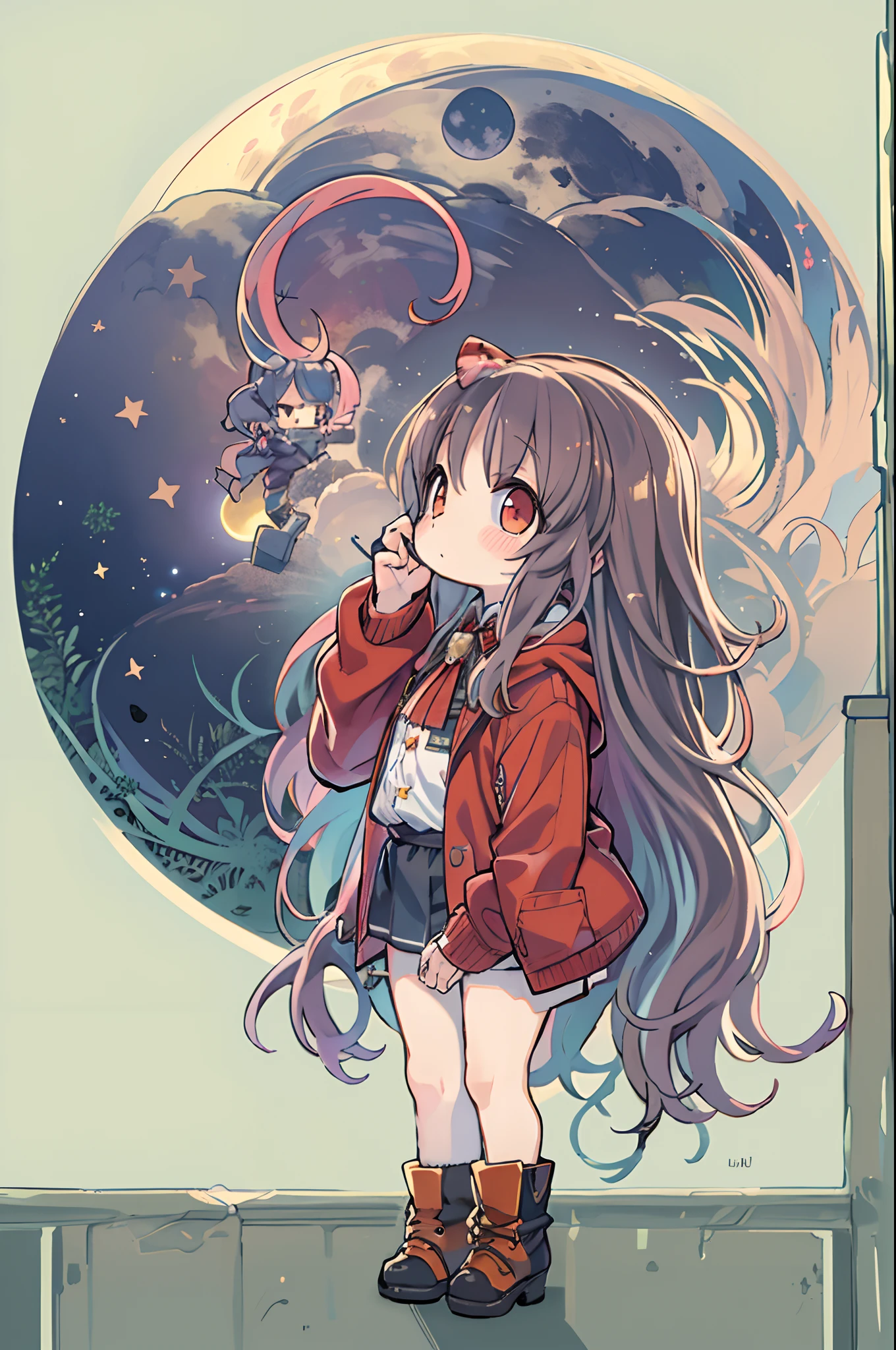 girl, looking at you, Face, High quality, Radiant, natta, red velvet,under big full moon、Looking up at the moon、fullmoon、Chibi