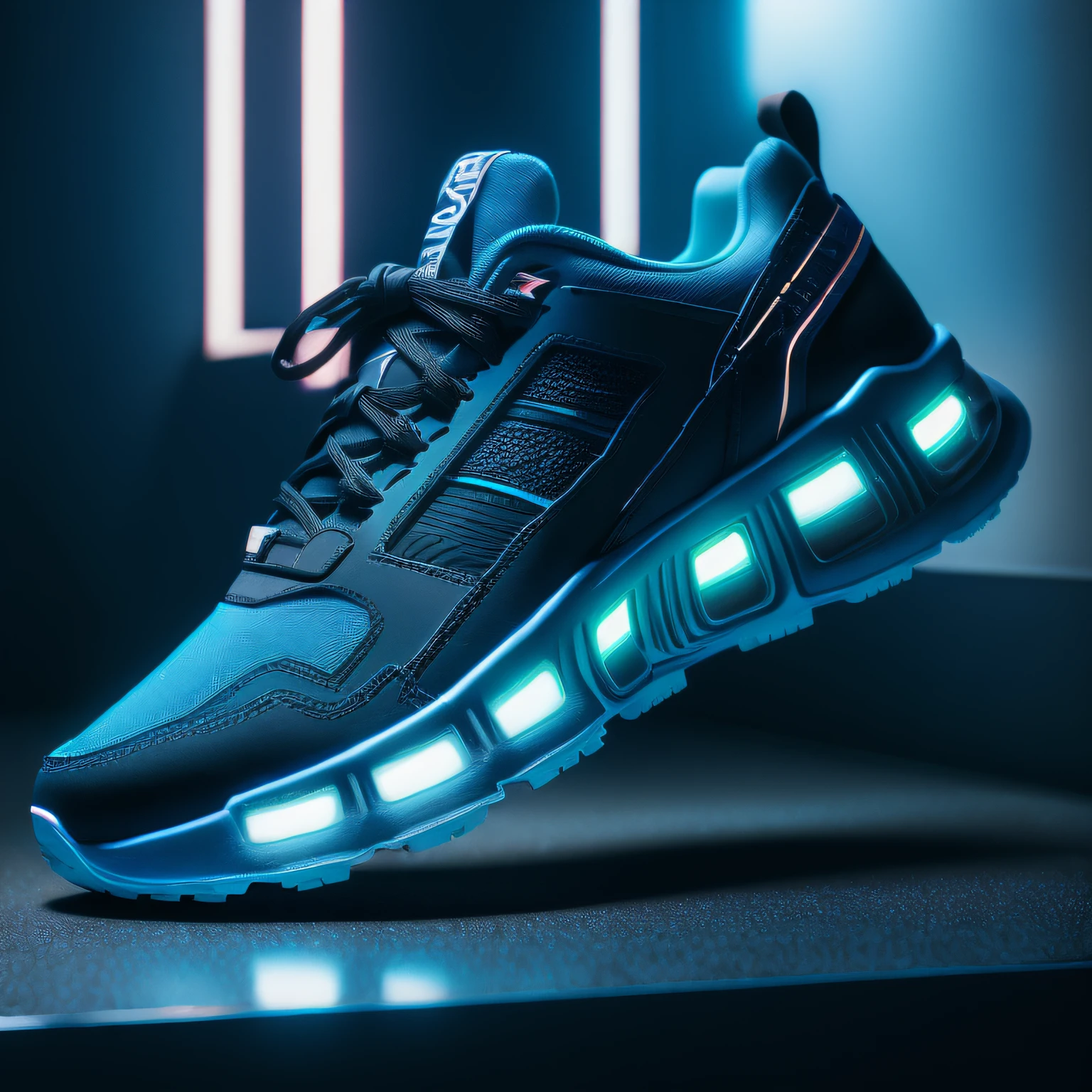 Product photography of cyberpunk sneakers，Epic rendering，octanerender，atmospurate，Particle，Soft volumetric light，（The light from the back window is backlighted：1.3），（cinematic ligh：1.3），Complicated details，（ArtStation：1.3）,Blue drifting particles,Blue and black are the main colors of sneakers