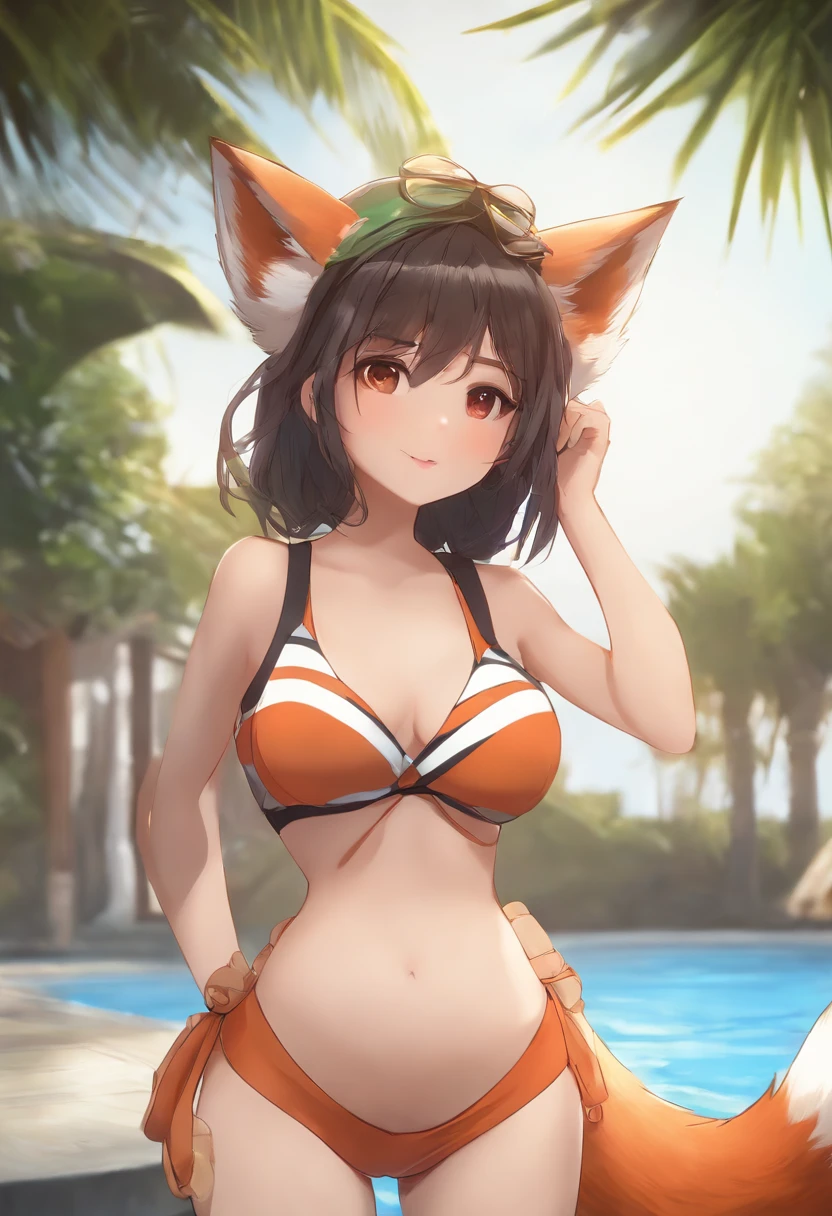 masterpiece,highres, shorts, 1girl, ball, tail,animal_ears, swimsuit, short_shorts, striped, bikini, fox_ears, solo, fox_tail, striped_bikini
