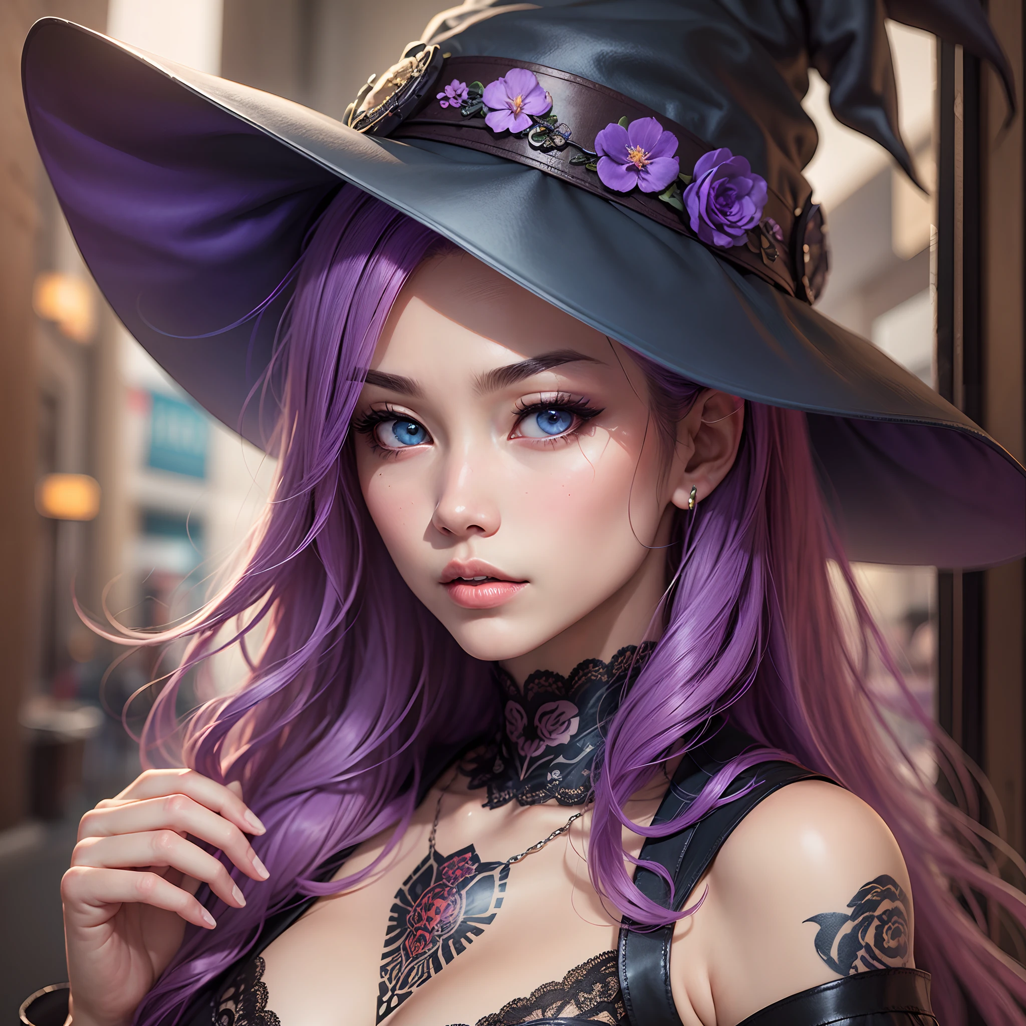 a witch girl (purple witch hat), dark and light skin, long red hair, blue eyes, perfect face, harajuku background, better lighting, better quality, realistic, cinematic photo, of a witch gangster from the Japanese cartel with tattoos Japanese yakuza, sexy witch --auto --s2