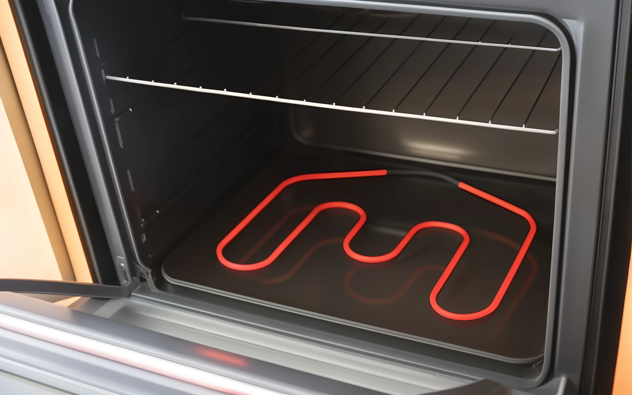 there is a red heat pipe in the oven with the door open, glowing heating coils, oven, heated coils, thick looping wires, red neon lights inside it, near kitchen stove, glowing red veins, red glowing veins, red wires wrap around, neon wiring, heat ripples, thin glowing wires, glowing - thin - wires, neon wires