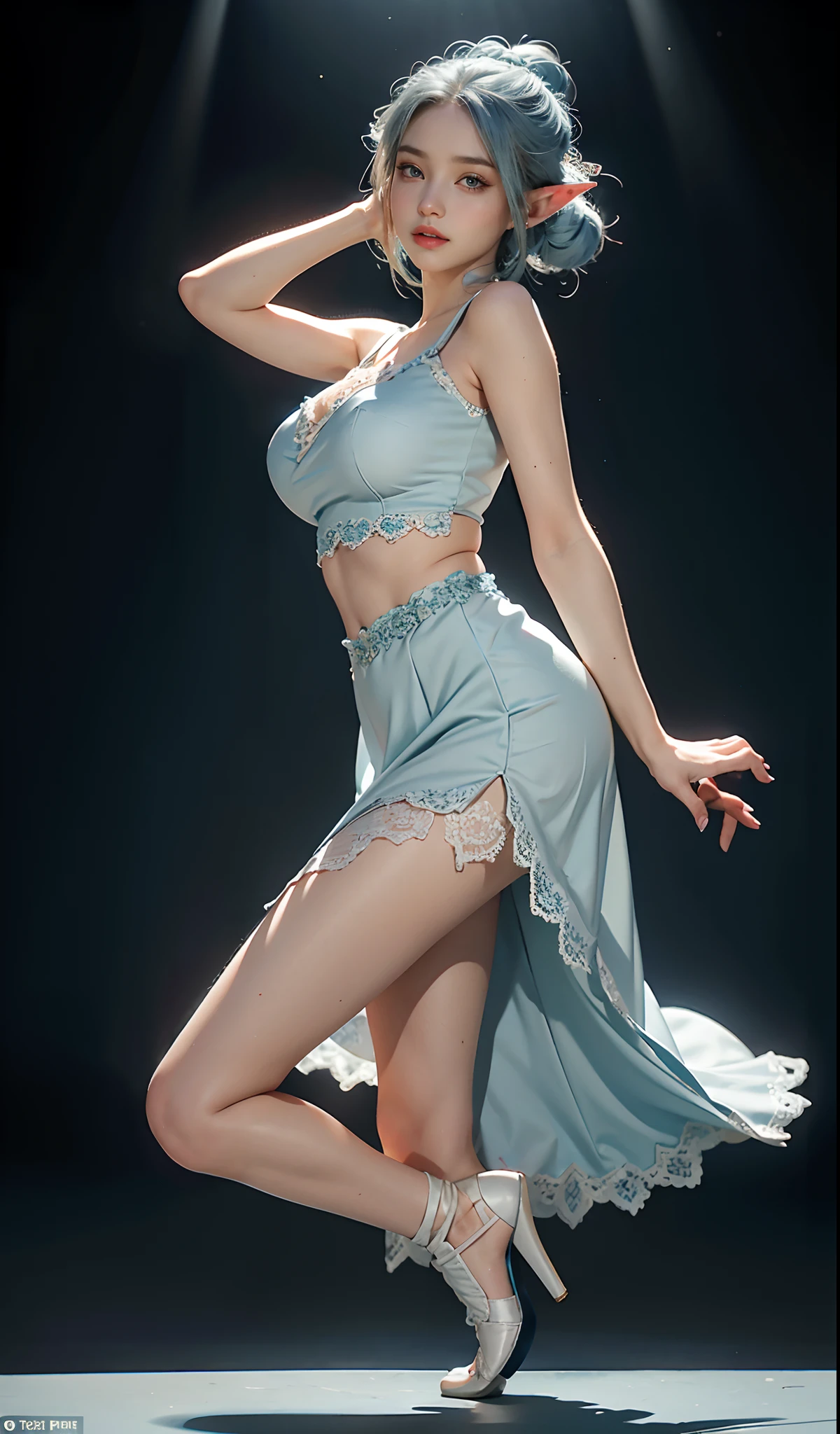 (Extremely normal body:2.0)Gorgeous stage:1 Elf beauty,White crop top top,(Elf long ears),Light blue ultra-short hair,A bun,Blue-lace-trimmed maxi dress),Long blue dress,Skirt that reaches the feet,White short stockings,Mary Jane low heels,two longer legs,Normal feet , very detailed eyes and faces, Sharp pupils, realistic pupil, tack sharp focus, cinmatic lighting,full bodyesbian,Bigboobs,long leges,From the front side,dynamicposes,Normal posture,closeup of face