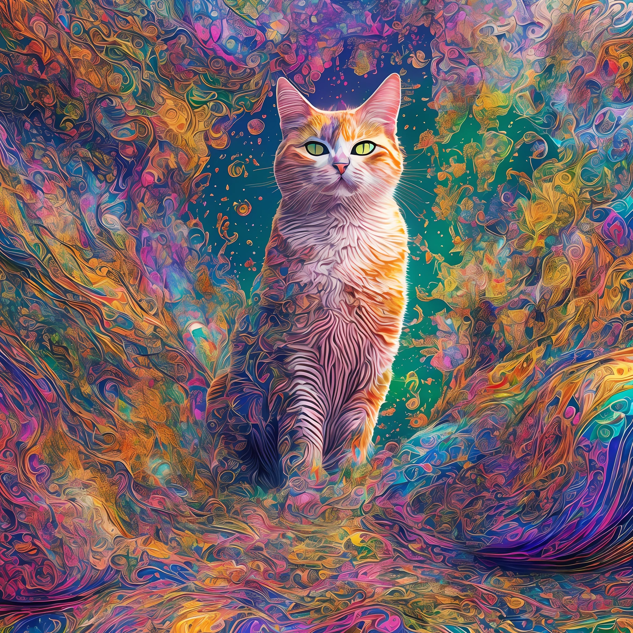 A colorful world,(in the shape of a cat) DreamlikeArt,Painting, Vibrant colors, surreal scenery, Abstract shapes, Fantastic landscape, Vivid imagination, Playful brushstrokes, Whimsical elements, Ethereal beauty, A kaleidoscope of shades, Happy brushstrokes, vibrant paint palette, Dreamlike atmosphere. (Best quality,4K,8K,A high resolution,Masterpiece:1.2),Ultra-detailed,(Realistic,Photorealistic,photo-realistic:1.37), hdr, hyper HD, Studio lighting.