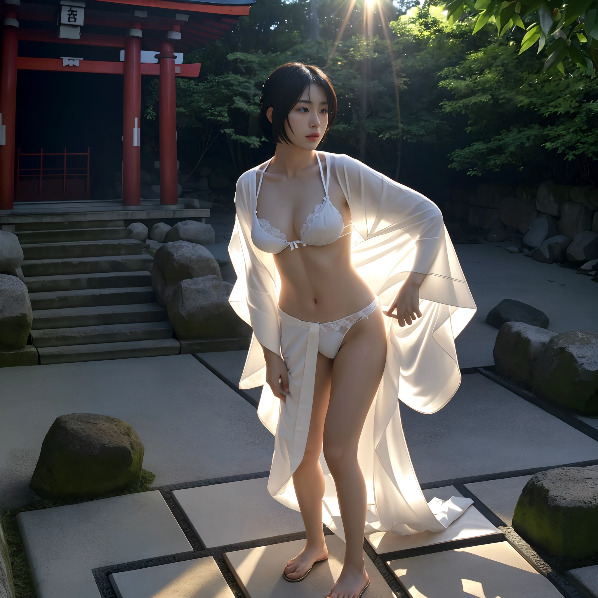 (((nffsw))), (((masutepiece))), (((8K))), (((hight resolution))), (((Photorealistic))), (((Cinematic lighting))), god rays, Zoom Layer, (((FULL BODYSHOT))), F/4.0, canon, Shiny skin,Detailed skin,Detailed face, Detailed eyes, nakeness, Bare chest, No top, Beautiful Priestess of the Japan,Black Short Bob Hair, A Japanese shrine, White kimono, hair adornments, A man forcibly takes off his kimono, White bra visible, White panties are visible