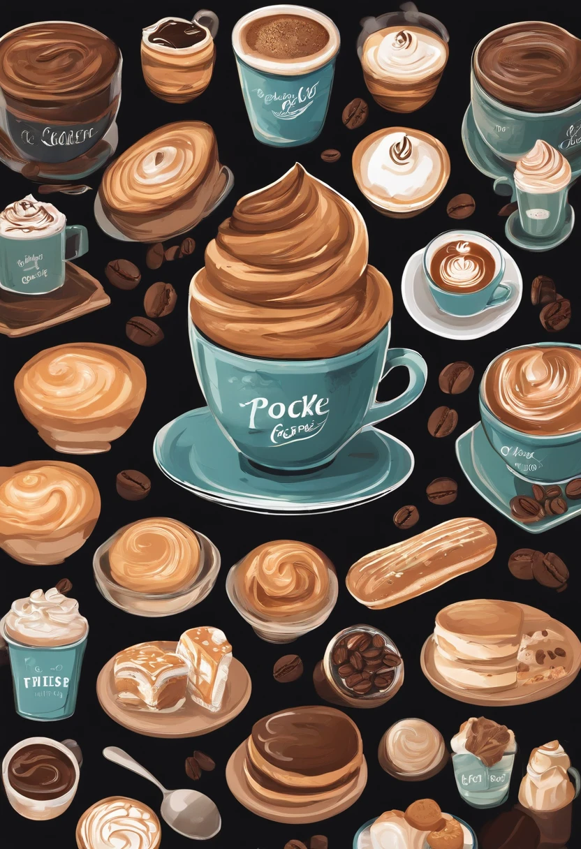 Close-up of chalkboard with different types of coffee, Beautiful branded labels, cafes, bakery, Sticker Design Vector Graphics, Café in the diner, Cakes, cafes, Cute bakery, Vector design, With labels. hiquality, Beautiful labels, Sticker design vector, a pastry, Sticker design, delicious, cake, logo vector art, Vector graphics of the illustrator of the poke-bowl on the crush written pizzaline