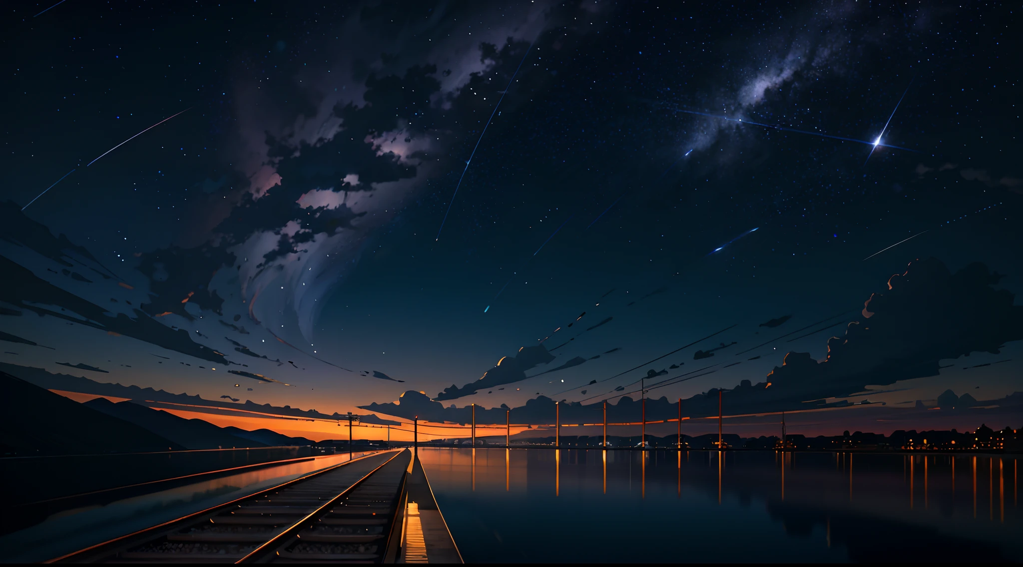 High quality masterpiece, landscape, anime train passing through bodies of water on tracks, bright starry sky. Romantic train, pixiv, concept art, lofi art style, reflection. by Makoto Shinkai, lofi art, Beautiful anime scene, Anime landscape, detailed scenery —width 672, in style of Makoto shinkai, style of Makoto shinkai, enhanced details.