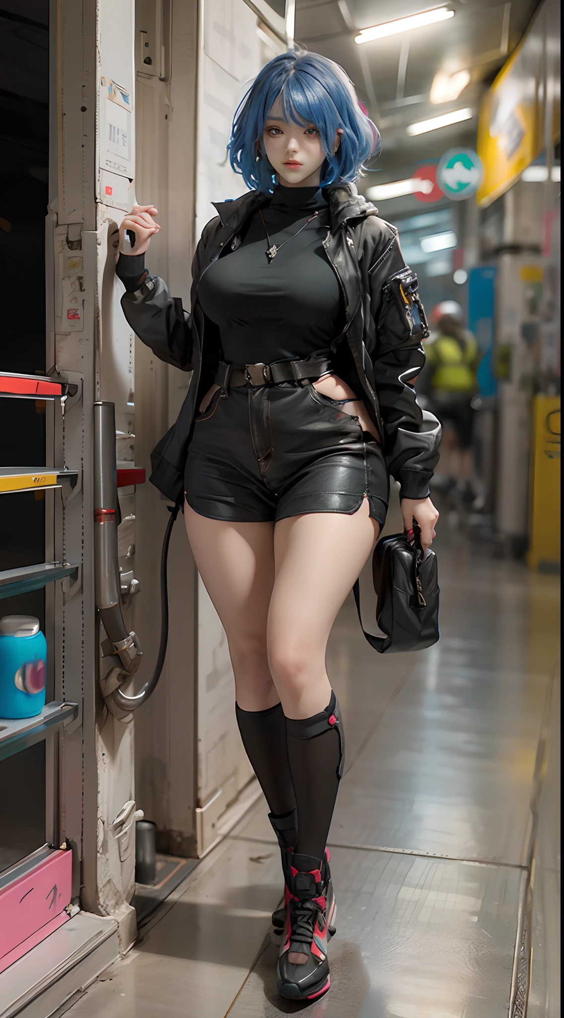 A woman with short brown hair and small breasts wearing black stiletto heels stands next to a black steam locomotive., a lot of smoke, hairy pubis