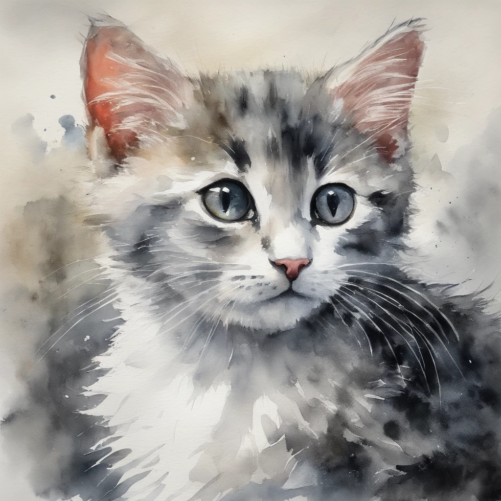 Black and white kitten、cute little、fluffy bristles、illustratio、watercolor paiting、picture book,