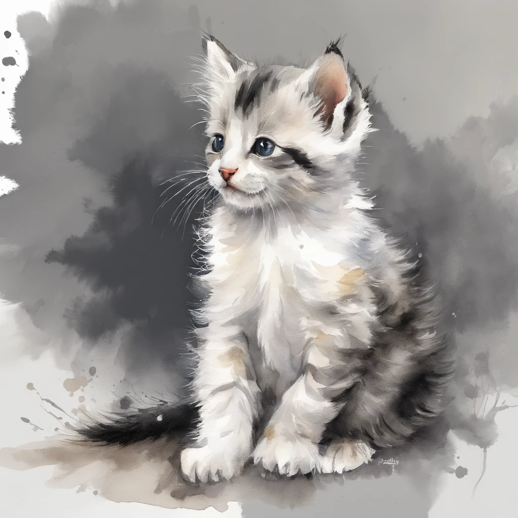 Black and white kitten、cute little、fluffy bristles、illustratio、watercolor paiting、picture book,