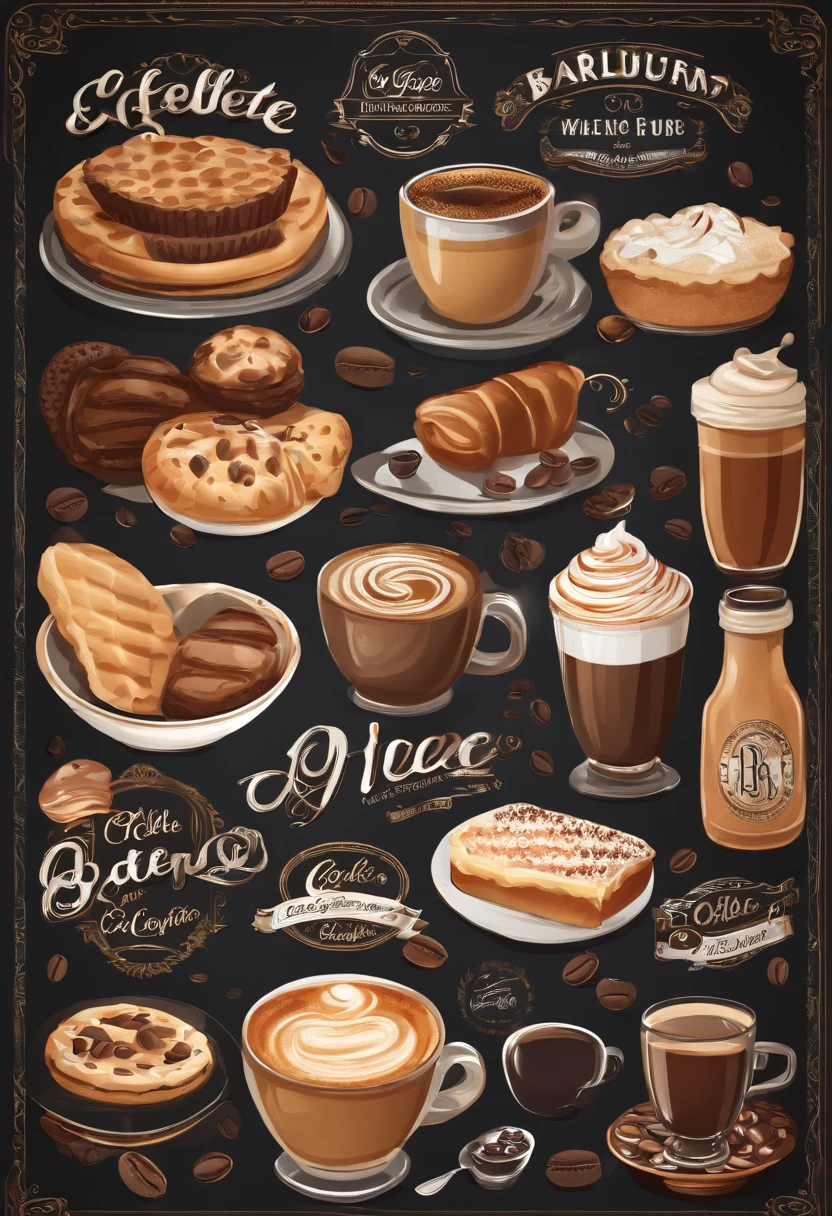 Close-up of chalkboard with different types of coffee, Beautiful branded labels, cafes, bakery, Sticker Design Vector Graphics, Café in the diner, Cakes, cafes, Cute bakery, Vector design, With labels. hiquality, Beautiful labels, Sticker design vector, a pastry, Sticker design, delicious, cake, logo vector art, Illustrator's vector graphics on a mug written pizzaline