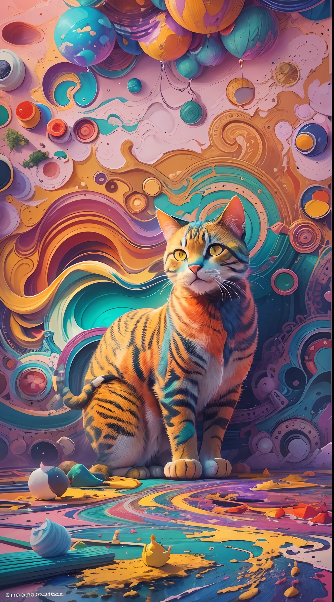 A colorful world,(in the shape of a cat) DreamlikeArt,Painting, Vibrant colors, surreal scenery, Abstract shapes, Fantastic landscape, Vivid imagination, Playful brushstrokes, Whimsical elements, Ethereal beauty, A kaleidoscope of shades, Happy brushstrokes, vibrant paint palette, Dreamlike atmosphere. (Best quality,4K,8K,A high resolution,Masterpiece:1.2),Ultra-detailed,(Realistic,Photorealistic,photo-realistic:1.37), hdr, hyper HD, Studio lighting.