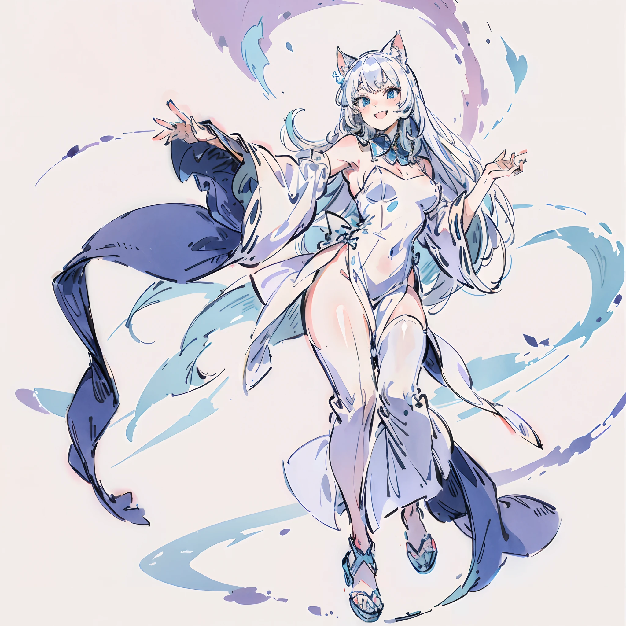 1woman, long white hair, blue eyes, cat ear, cat tail, wide cheerful grin, medium breast, feel freedom, joyful, wearing elegant white dress, beautiful, graceful, full body, pose raising one hand upwards,