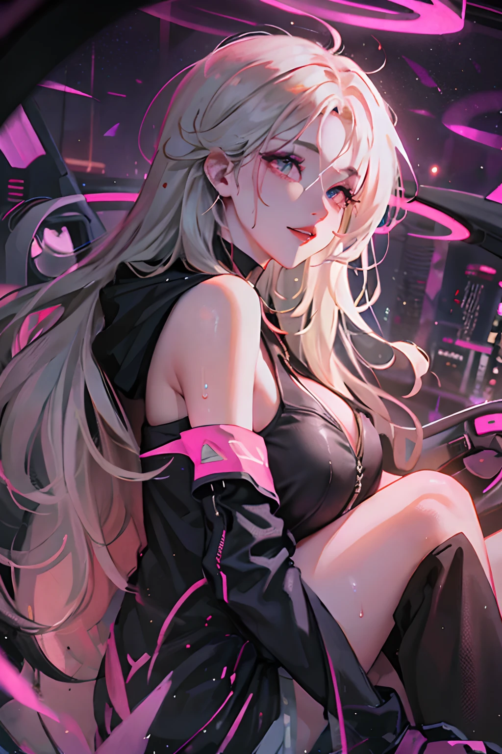 1girl in)、(Plump beauty)、(30-years old)、(Very long hair)、(Top image quality)、(8K picture quality)、(cyberpunked)、(masutepiece)、 (Flickering of light)、(Wear a cyberpunk hooded military uniform)、(Picture of me driving a motorcycle:1.5)、(confident grin:1.2)、(Full body photo)、cinematric light, Cinema Shadow, Sharp Image, Extremely detailed, Volumetric, Bright sprites, particles effect, beautiful effects, Vivid colors, neons, Neon light, Highly detailed image textures, detailed hairs, Detailed face, Detailed eyes, Full body photo, city、Dark hair、Eyes glow、Photo from the knee up、beautiful effects, Vivid colors, Highly detailed image textures, detailed hairs, Detailed eyes,(Cyberpunk cityscape) (Black and pink aura overflowing from clothes:1.5)Barefoot woman(30-years old) , (de pele branca:1.7)、 (White hair)、(two swords)、Bare shoulders, Double eyelids, Parted lips,Solo,(cleavage)、delicate and sexy(鎖骨:1.3), (Shiny skin:0.8),(masutepiece:1.4),(Best Quality:1.4),glossy red lips, Perfect Abs, Wet(full of sweat)、low angles, (from below angle), High detailed skin, Skin pores,