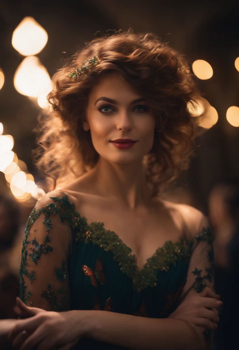 1fille, Masterpiece, extremly detailed, ((lighting cinematic)), (rougeoyant), ((dramatic lighting)), ((beautiful detailed glow)), intricate high detail, Lens Flare, cheveux multicolores, Cheveux arc-en-ciel, cheveux longs, Robe multicolore, ornement de cheveux de papillon, Papillons, (Light particles), arm behind back, gros seins, [Sinueuse], Tir de cowboy, light smile, Yeux verts, church, vitrail, projecteur, background dark, cheveux flottants, cheveux flottants, Regarder le spectateur,((colourfull))