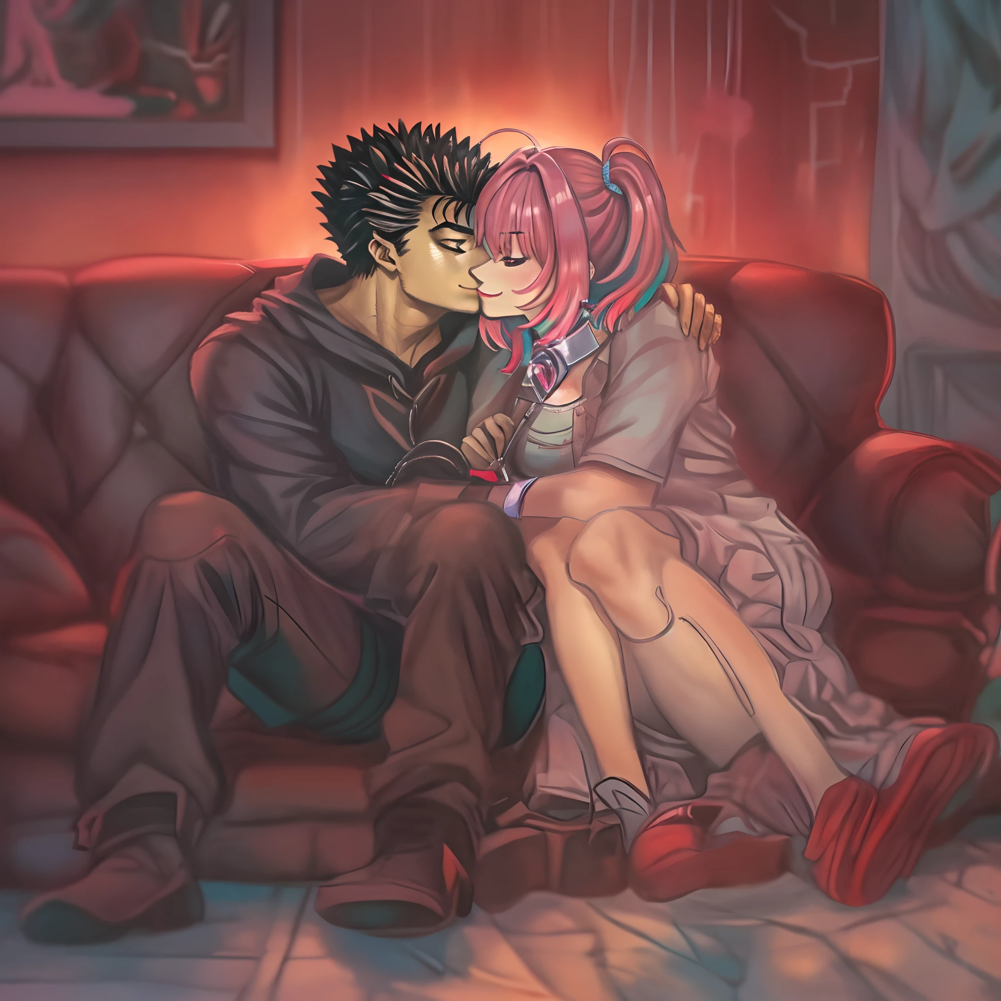 riamu,guts,couple,husband and wife,love dovey couple,sitting,hug,kiss,smile,masterpiece:1.2,ultra-detailed,realistic:1.37,portraits,vivid colors,warm tones,soft lighting