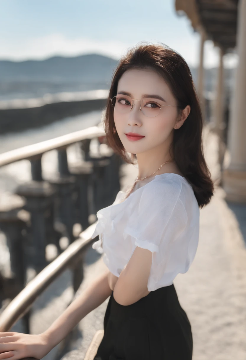 (8K, RAW photo, Best quality, Masterpiece:1.3),(Real,Photo:1.37),(looking at viewert:1.331),(Black hair),Pose,Seafront,Morning view,Sunrise,Clear sky,1girll,Very beautiful face,small,Both hands are lowered,Pony hairstyle,Weight hair,Fluffy hair,Shoulder length,Straight hair,Random expression,smiling at her lips,Big eyes,(T-shirt,,Short sleeves,Opaque color,Shirt color),(mix4,No hair accessories,Top quality hair，gold-wire glasses