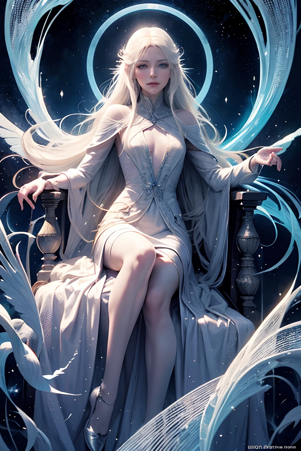 centered image, ultra detailed illustration of Lady Galadriel from Lord of the Rings, posing, ethereal, magical lighting, (tetradic colors), (ink lines:1.1), strong outlines, art by MSchiffer, bold traces, unframed, high contrast, (cel-shaded:1.1), vector, 32k resolution, best quality, flat colors, flat lights (Cate Blanchett:1.1) glowy backlit, Lothlorien, sunbeams