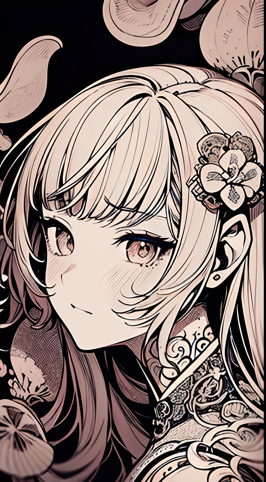 (masterpiece, top quality, best quality, official art, beautiful and aesthetic: 1.2), (1girl: 1.3), very detailed, (fractal art: 1.1), (color: 1.1) (flowers: 1.3), (by Yuko Higuchi:1.4), Higuchi Yuko,(by Yoh:1.2),(lineart),line drawing,pen drawing,zentangle,(tattoo pattern:1.2),(Intricate lines),(masterpiece),(best quality:1.1), (ultra-detailed),best illustration,finely detail,hand drawn high quality,High contrast,(clean lines:1.3),ligne claire,(Portrait),(extremely close-up:1.1),1 girl,solo,A girl is surrounded by red mushrooms,(Intricate details:1.3),(detailed background:1.2),(colored background:1.1),sketch,Intricate details,High Resolution